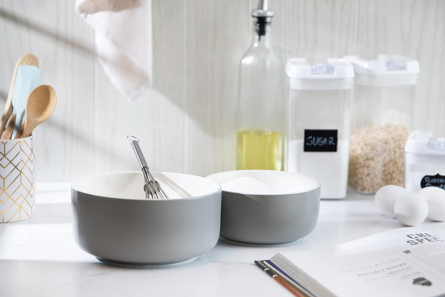 KooK Ceramic Mixing Bowls, Nesting Bowls, Set of 4, Kitchen Bowls, Prep, Serving, Gift, Microwave and Dishwasher Safe, 10/16/29/47 oz, (Grey)