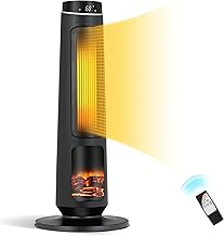 PETSITE Electric Space Heater for Large Room, 30" PTC Fast Heating Ceramic Tower Heater with 3D Flame Effect, Thermostat, 80° Oscillation, 12H Timer & Remote Control, Indoor Home Use, 1500W, Black