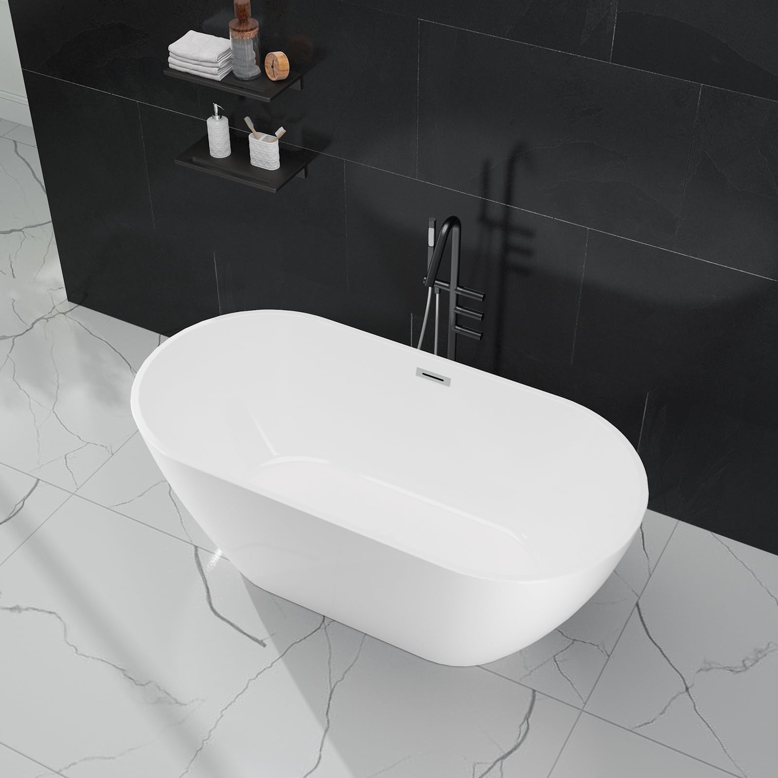 67 Inch Acrylic Freestanding Bathtub, Acrylic Soaking Bathtub with Matte Drain and Overflow, Deep Ergonomic Tub with Double-Walled Insulation, CUPC Certified, Modern Square Design