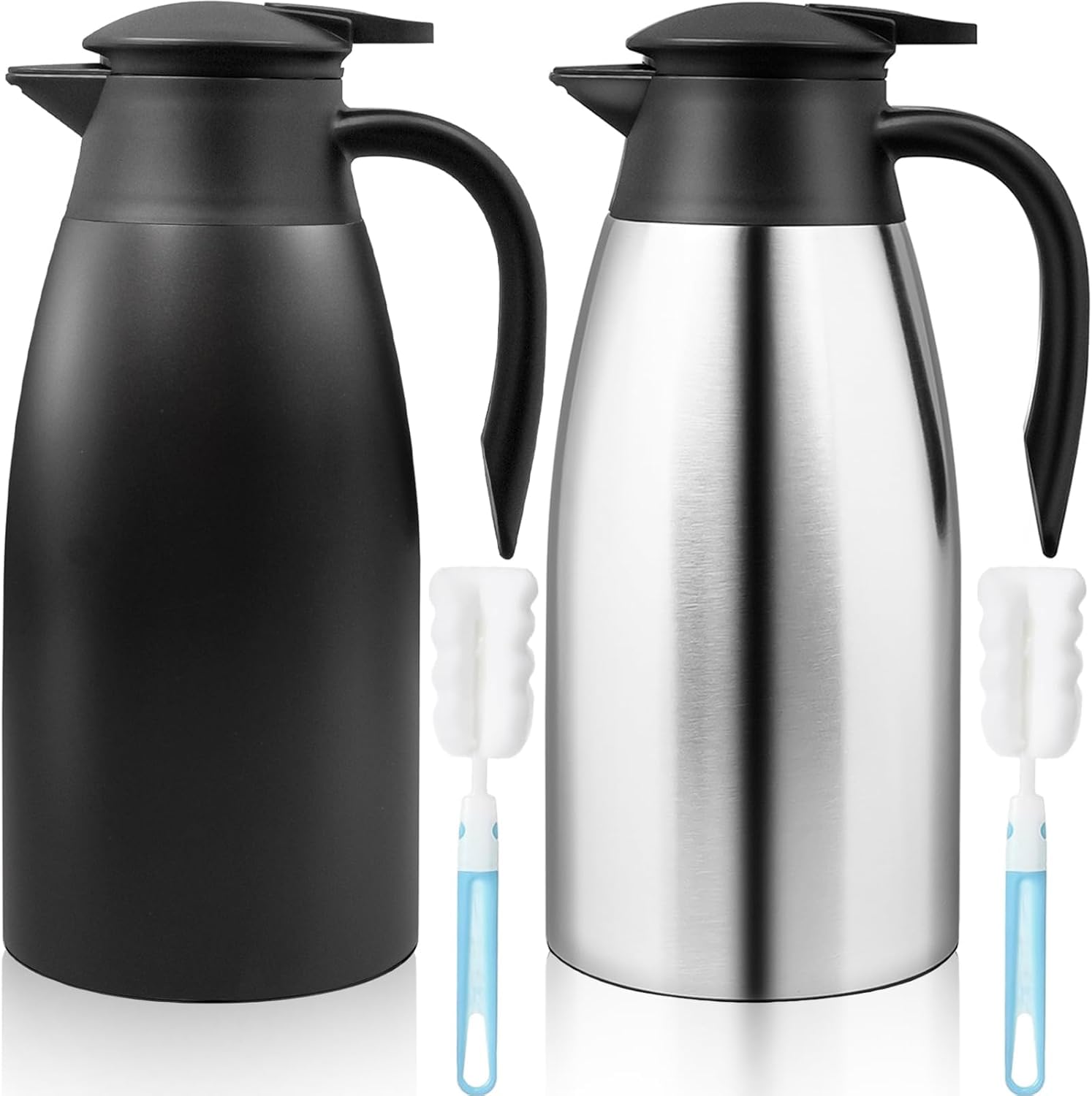 2 jarras térmicas de 2 litros, jarra térmica de acero inoxidable 304 aislada, 24 horas de aislamiento térmico, para café, té, agua, bebidas, termo (plata, negro)