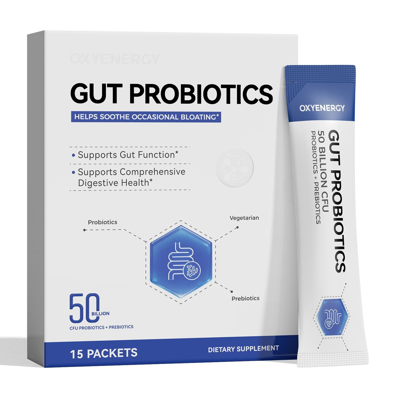 OxyEnergy Gut Probiotic Powder, 50 Billion CFU for Gut Health, 15 Packets