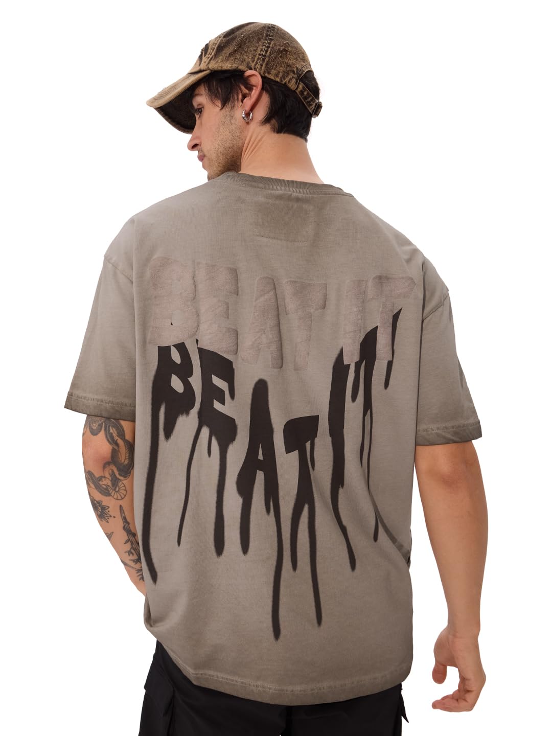 The Souled Store Garfield Beat It T-Shirt, Oversize, Kurzarm, Rundhalsausschnitt, Baumwolle, Puff-Print, Grau, für Herren und Jungen