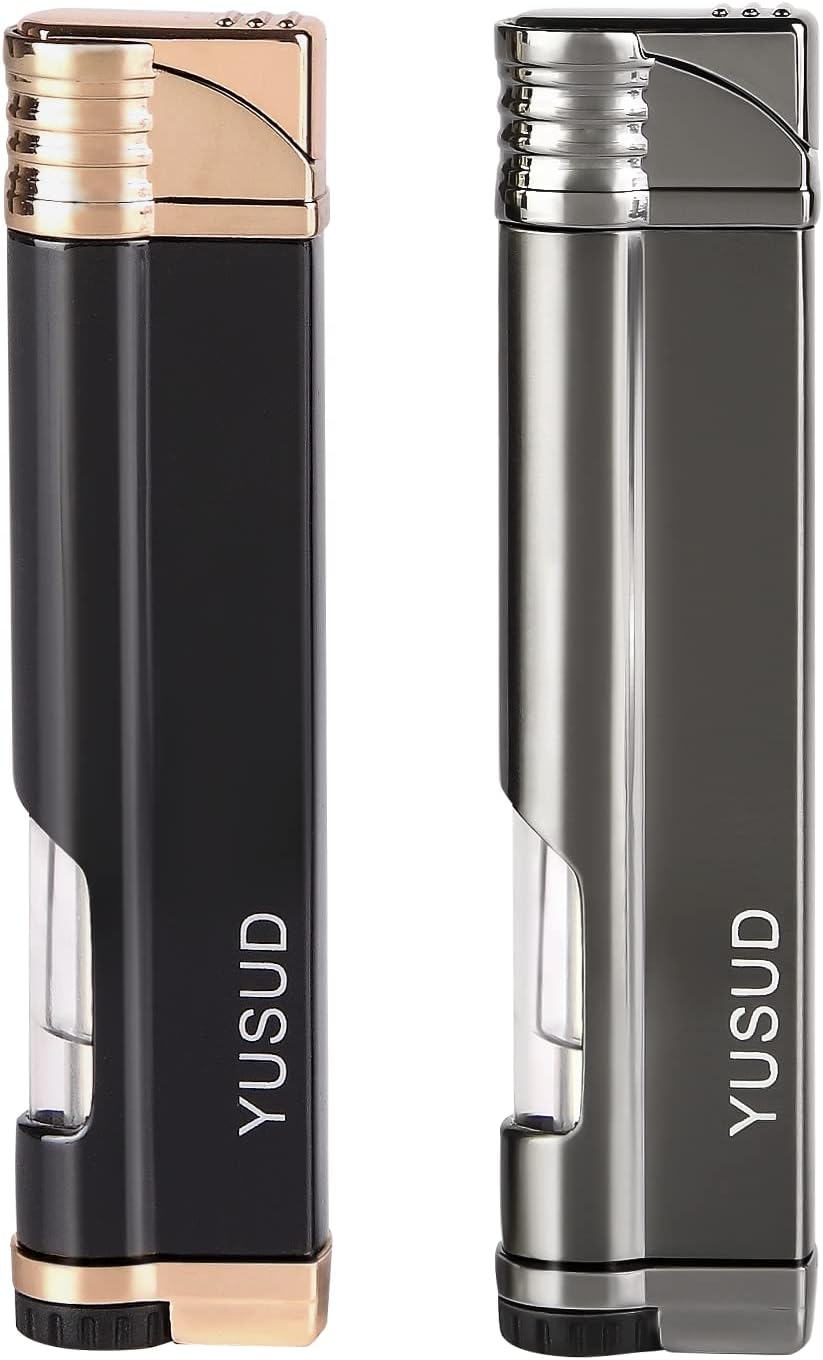 YUSUD Torch Lighter, 2 Pack Butane Fuel Refillable Lighter with Gas Visible Window, Portable Jet Flame Windproof Lighter, Creative Gifts for Men
