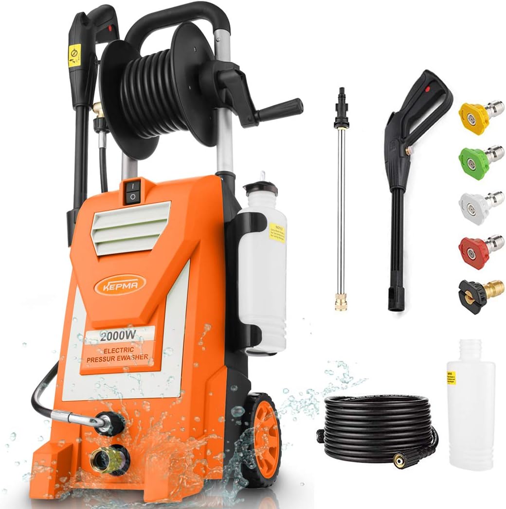 Kepma Electric Pressure Washer, 3800PSI 3.0GPM Power Washer 2000W High Pressure Cleaner Machine with 5 Nozzles, Foam Cannon, Hose Reel for Car Washing, Patio Furniture, Concrete, Deck (Orange) : Garden & Outdoor
