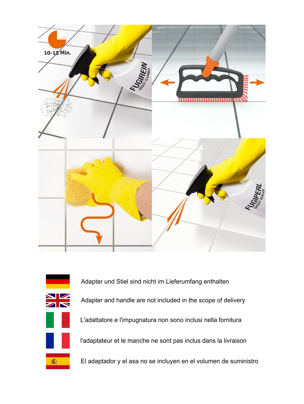 FUGINATOR® Szczotka do fug szaro-pomarańczowa szczotka do czyszczenia fug w łazience, toalecie, kuchni do czyszczenia płytek ściennych i podłogowych – poręczna szczotka do fug i płytek