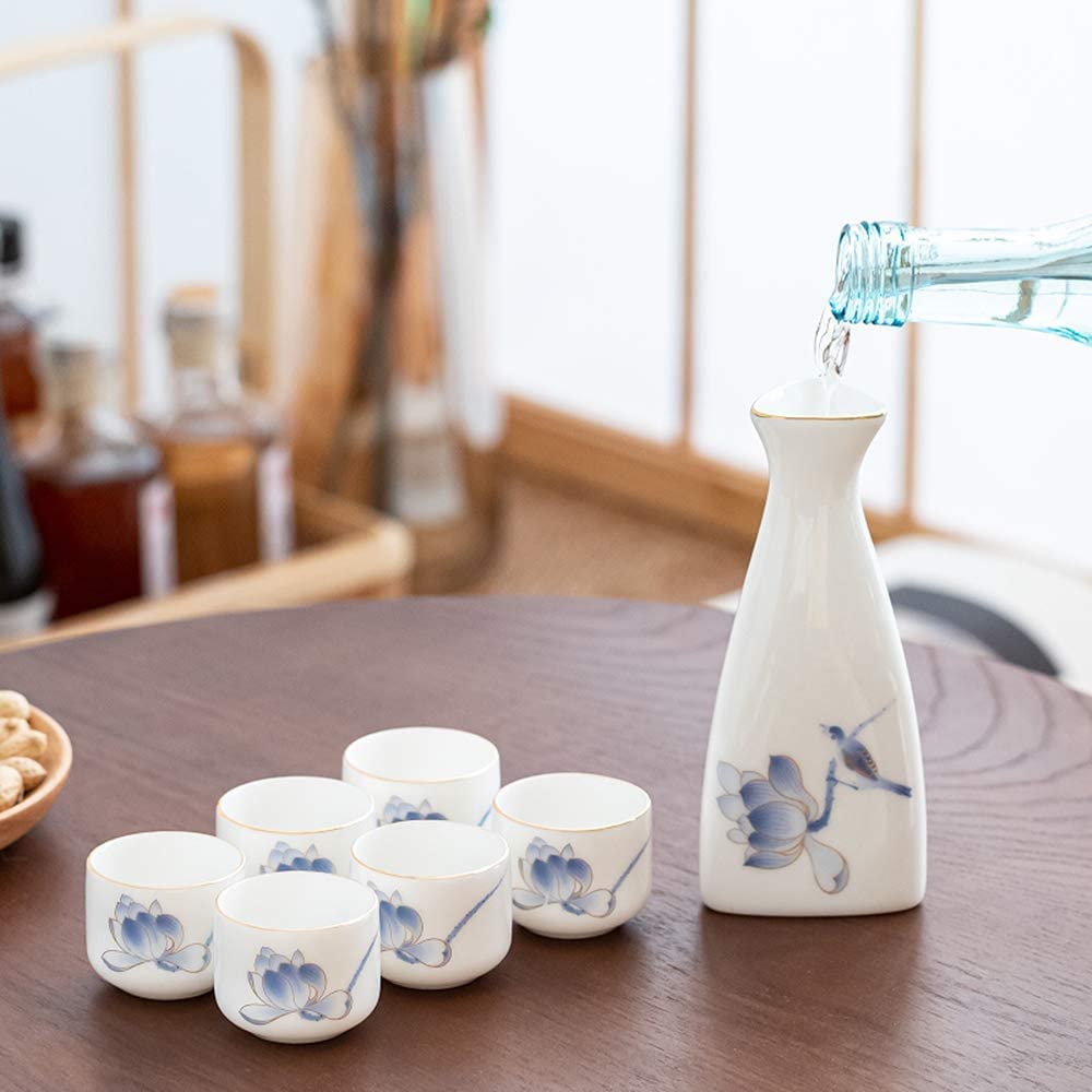 Tasse à saké Traditionnelle, Verres à vin en céramique, Service à saké Blanc Traditionnel en céramique, 7 pièces, Comprenant 1 Pot et 6 Petites Tasses à saké (Blanc Pur)