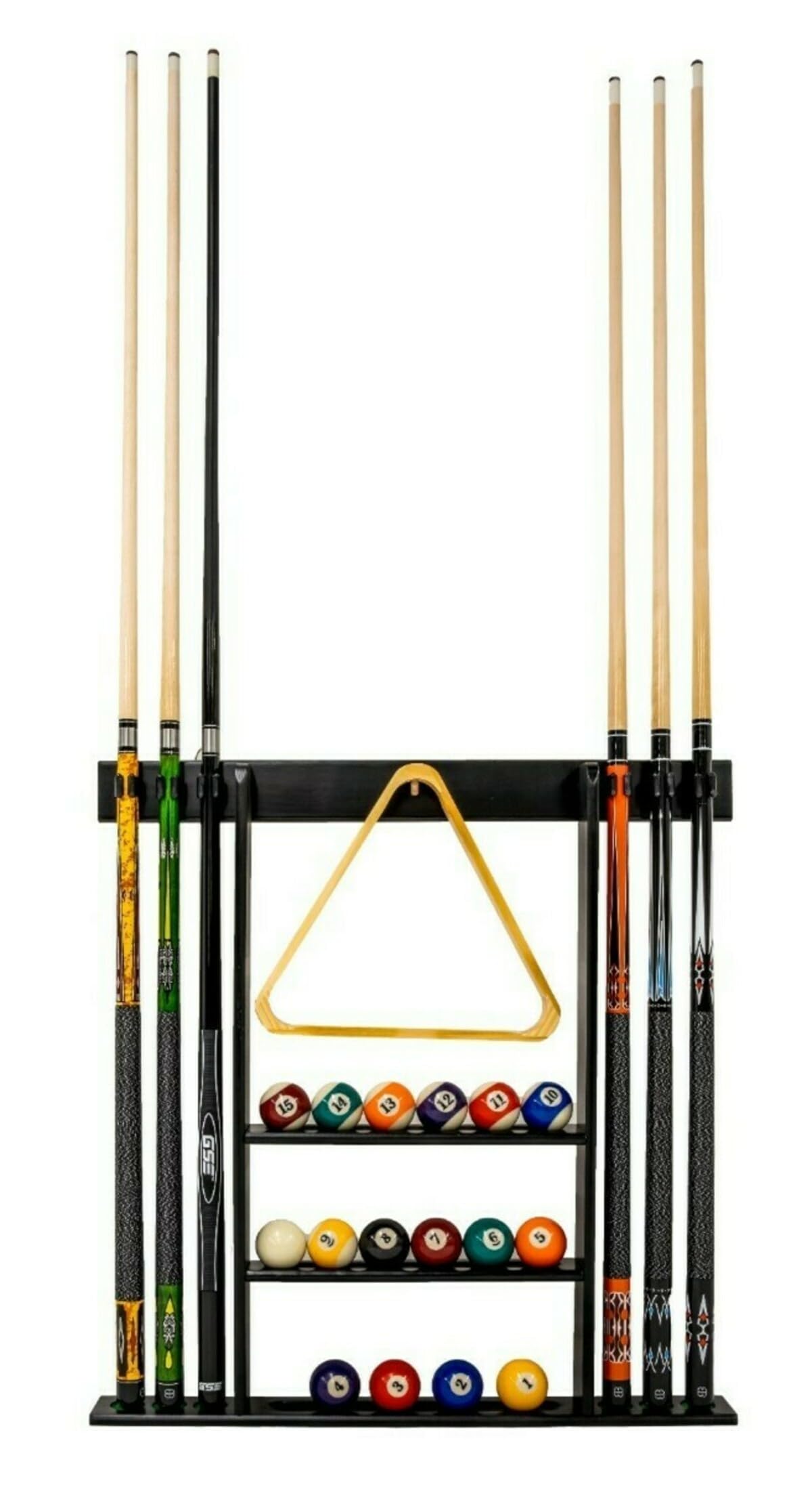 Pegasi Billard Wandhalterung Deluxe - Wandqueuehalter - Billard Queue Halter Wandmontierter - Pool Cue Wall Mounted Rank - 39 x 3,5 x 3,5 cm - Für 6 Queues und Bälle - Holz - Schwarz