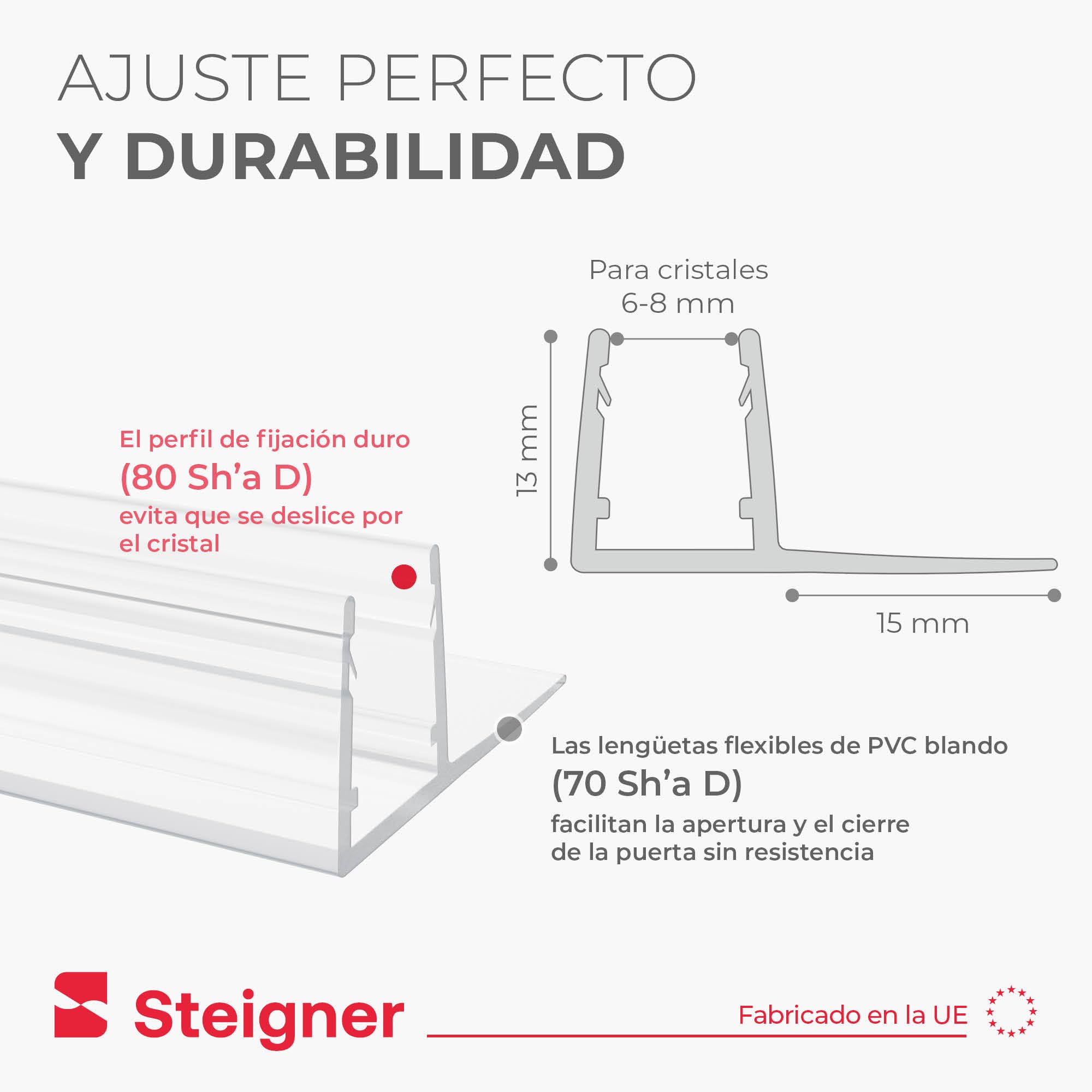 STEIGNER Junta mampara ducha UK02 200 cm (1 ud.) transparente - Junta vertical para ducha angular o pentagonal con puerta 6-8 mm - Ajuste perfecto, Impermeable, Fácil instalación, Acabado discreto