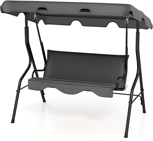 Miniatura 9 de Columpio de porche al aire libre, columpio de patio para 3 personas con cojín extraíble, soporte y toldo ajustable, silla columpio resistente para