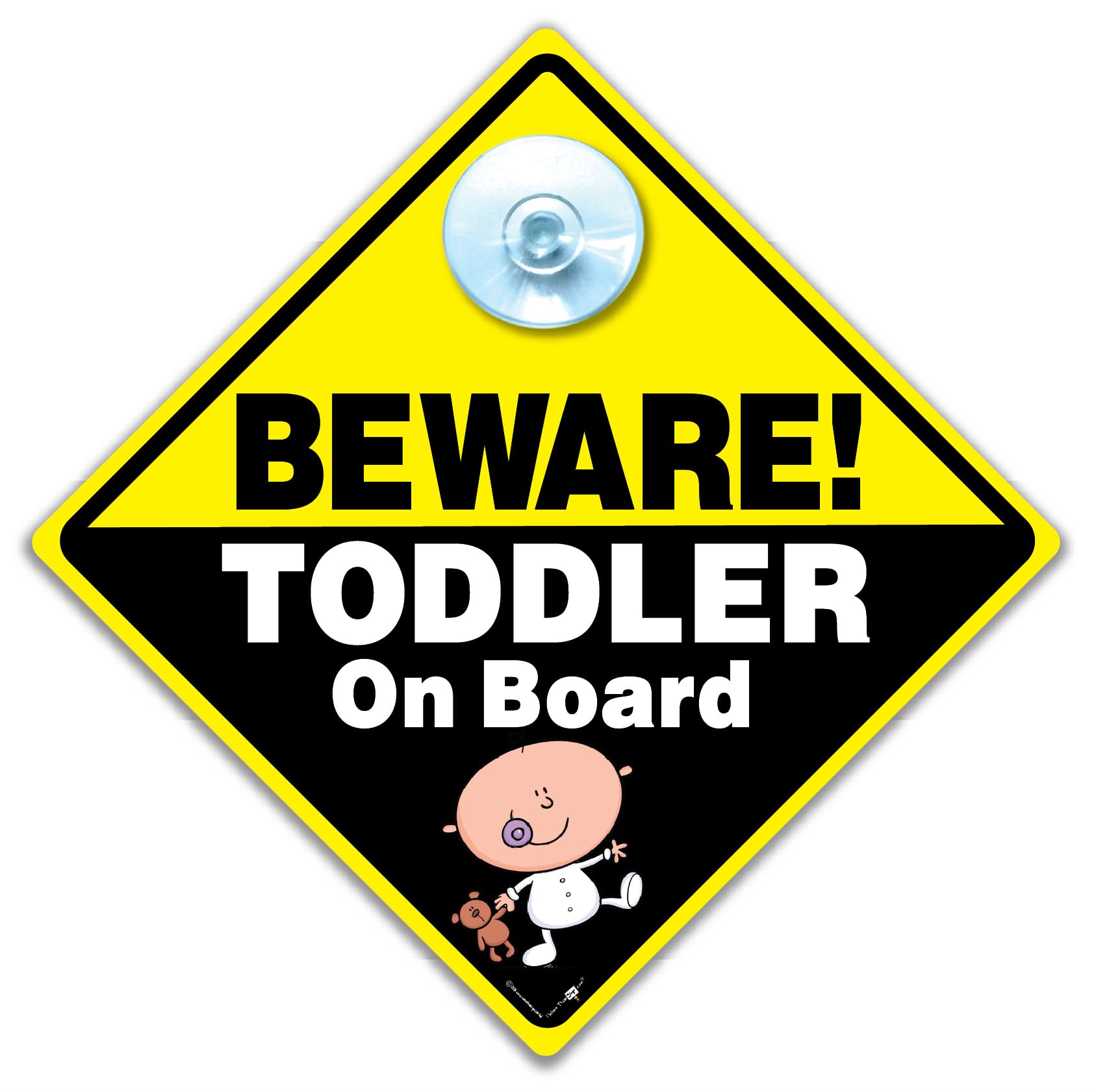 Beware Toddler on Board Car Sign with Suction Cup, Diamond Shaped Child in Car Funny Vehicle Notice, 14cm