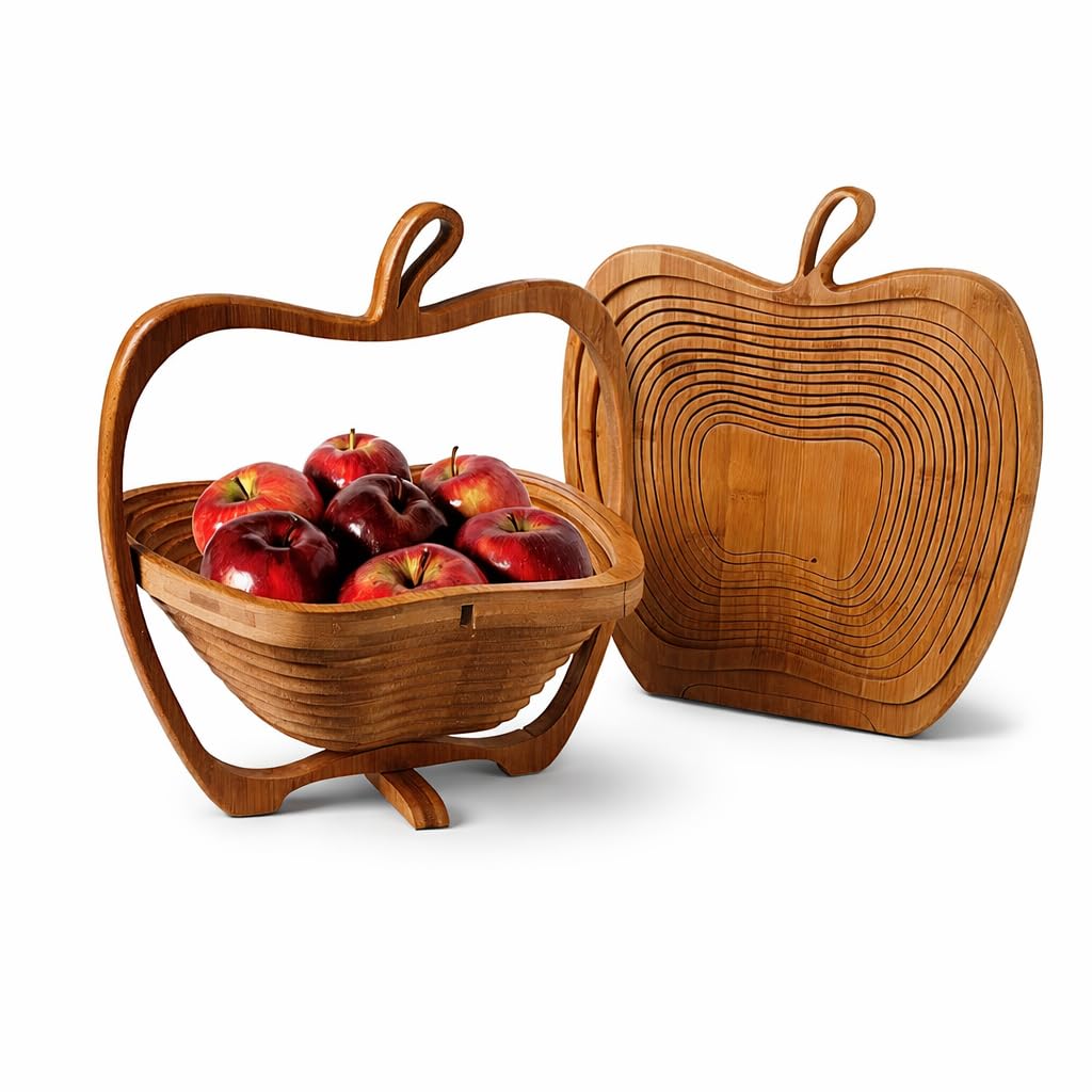 KNWER CLOTHING Bamboo Apple Shaped Foldable Fruit Basket Bowl & Wooden Trivet – Collapsible Fruit Basket for Kitchen Counter & Dining Table, Bread, Snacks & Home Decor Centrepiece
