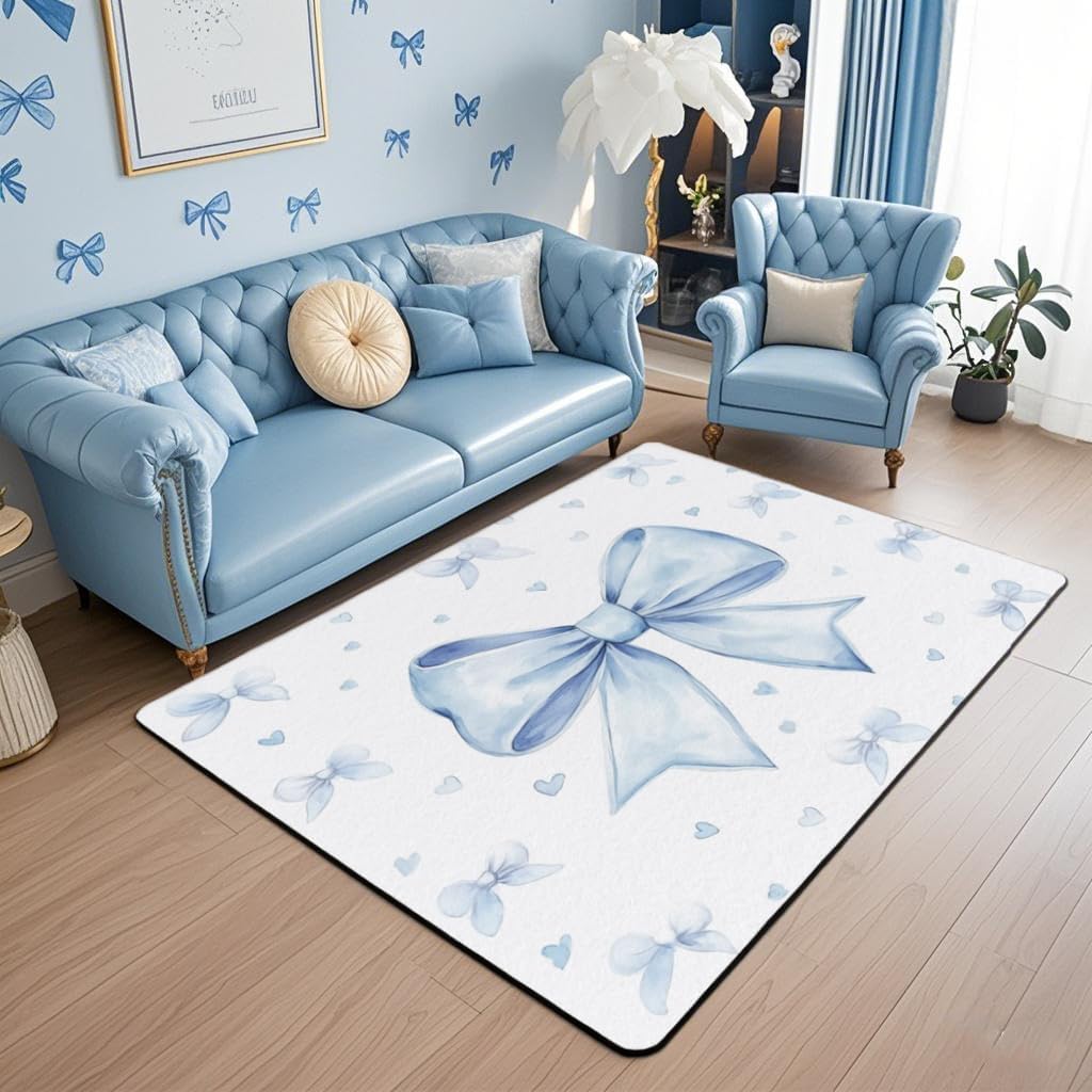 Erosebridal Blue Bowknot Carpet for Living Room,Girls Bow Area Rug 3x5 for Bedroom,Kawaii Bow Tie Indoor Floor Mat,Princess Style Blue White Heart Decorative Rug