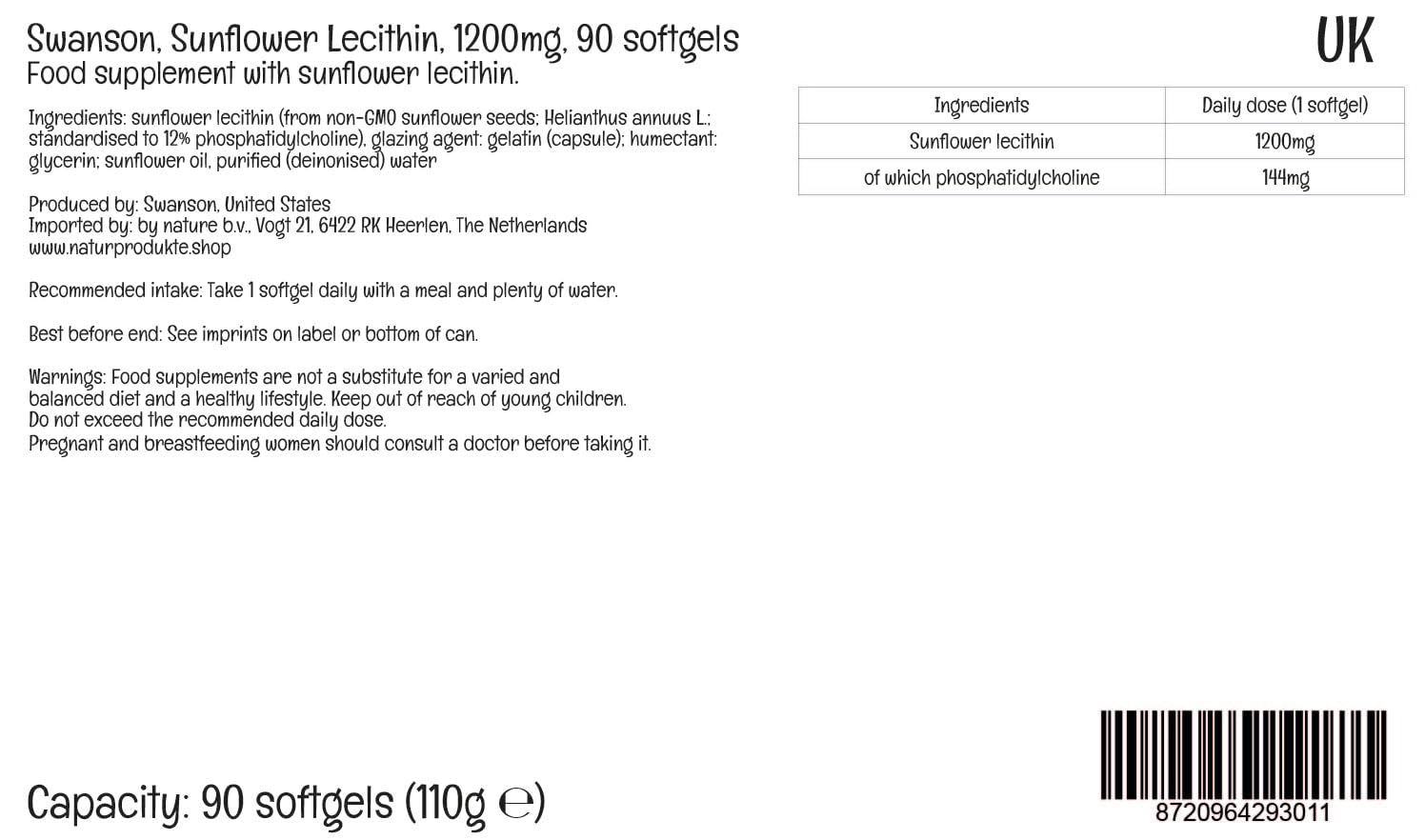 Swanson, Sunflower Lecithin, 1200 mg, Lecitina de Girasol, Alta Dosificación, 90 Cápsulas blandas, Testado en Laboratorio, Sin Soja, Sin Gluten, No GMO