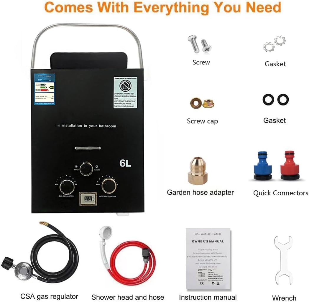 6L Chauffe Eau Gaz, 12KW Chauffe eau Instantané, Chauffe eau Camping Car, Chauffe Eau Portable pour Propane(28-30mbar)/Butane(37-50mbar), pour Camping, RV Voyage, Hiver et Été (Noir)