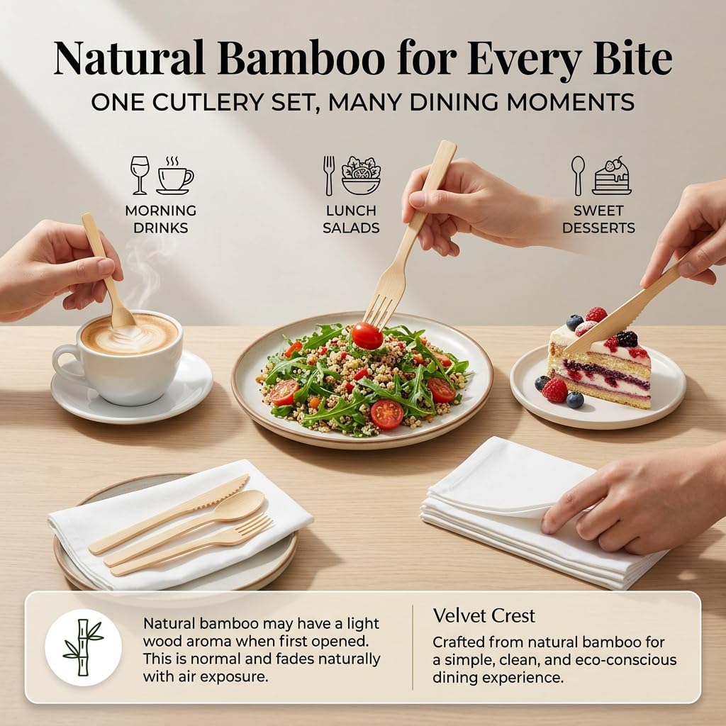 Bamboo Cutlery Set with Pre-Rolled Napkins & Toothpicks, 50 Pack - Disposable 6.7" Bamboo Utensils (Fork, Spoon, Knife), Compostable Eco-Friendly Cutlery for Picnic, Camping, Wedding, Parties & Events