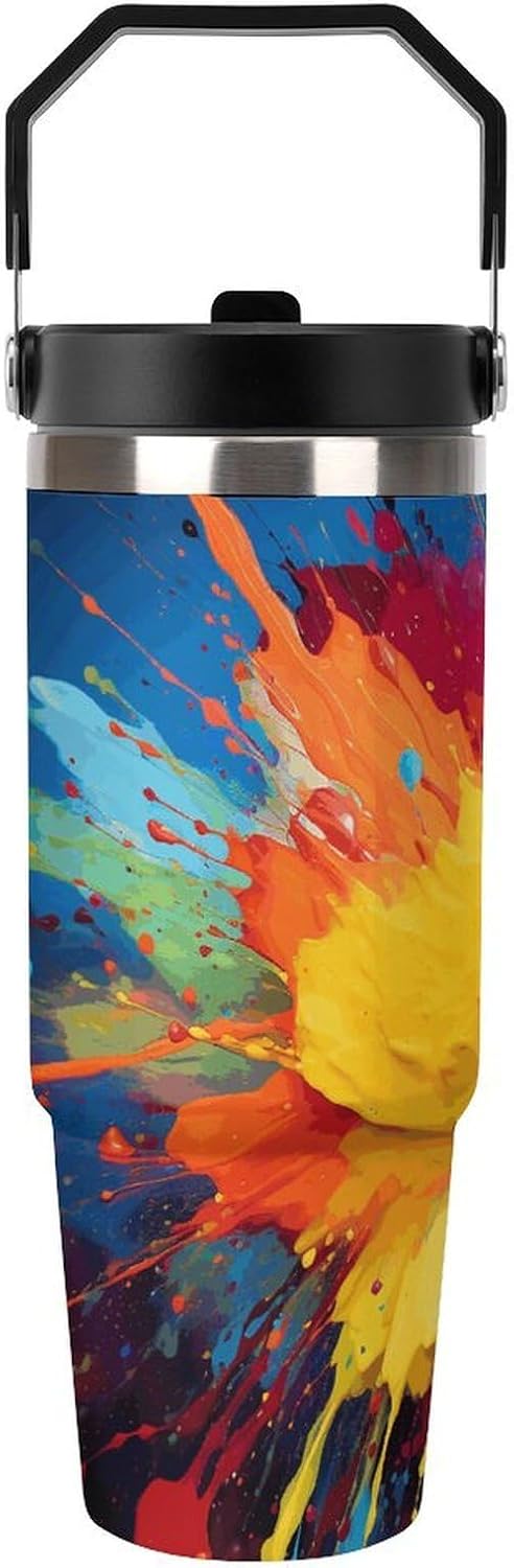 30oz Insulated Tumblers with Top Handle, Stainless Steel Colorful Paint Splatter Art in Many Colors Car Cup with Straw for Gift, Leak-Proof Double Wall Vacuum Travel Mug, Personalized Water Bottles Bl