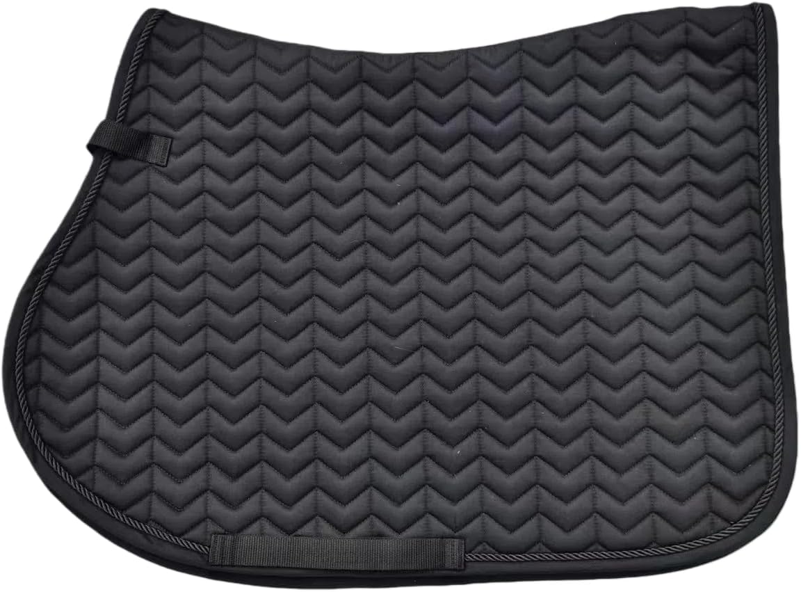 Quilted Saddle Pad with Chevron Pattern, Contoured Design with Rope Trim, Touch Tape Girth Loops, 280g Padding with 10mm Foam, Moisture Wicking Lining (Black, Large-All Purpose Full)