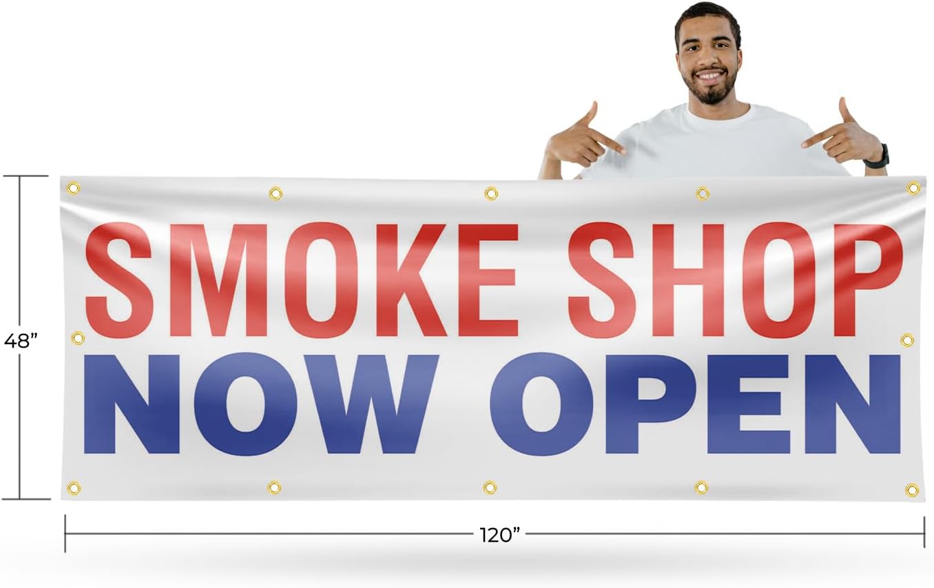 Smoke Shop Now Open Banner Sign 48 Inch x 96 Inch | 13 oz Vinyl with Metal Grommets | Heavy-Duty Single-Sided Outdoor Durable Printed High-Quality Weatherproof | Made in the USA