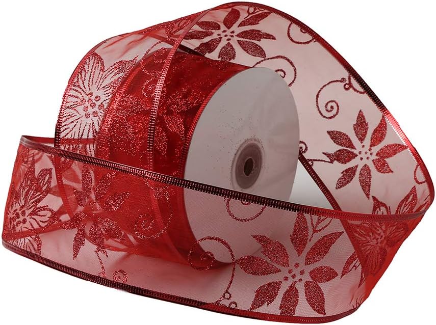 wlflash Glitter Sheer Organza Wired Christmas Ribbon 2.5 Inch x 50 Yards (Flower,Red)