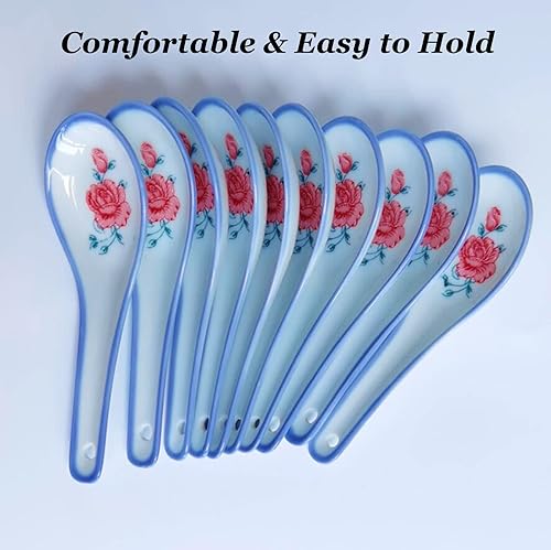 Miniatura 5 de Juego de 10 cucharas de sopa de cerámica con patrón de flores, porcelana, aptas para lavavajillas y microondas