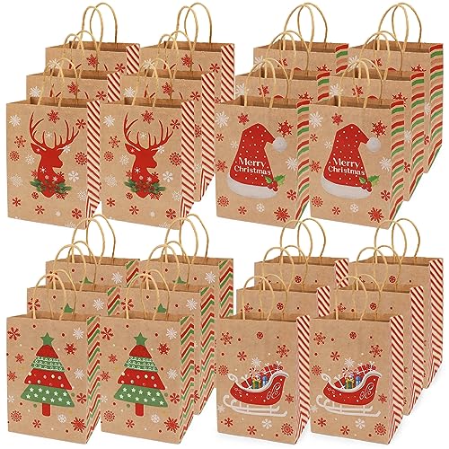 ORNACELE 24 bolsas de regalo de Navidad de varios estilos, bolsas de papel kraft pequeñas con asas, bolsas de regalo de Navidad con impresiones de Navidad para envolver regalos de Navidad, suministros