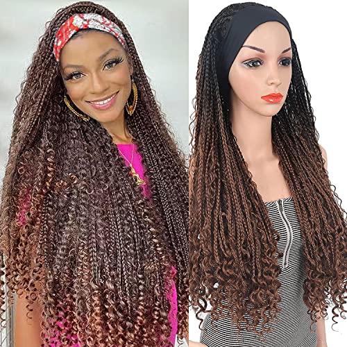 Goddess Box Braids Headband Wigs For Black Women Headband Box Braided Crochet Hair Wig Synthetic Rolls Twist Wigs with Curly Ends Hand Braided Crochet Twist Wigs for Daily Use (1b/30)