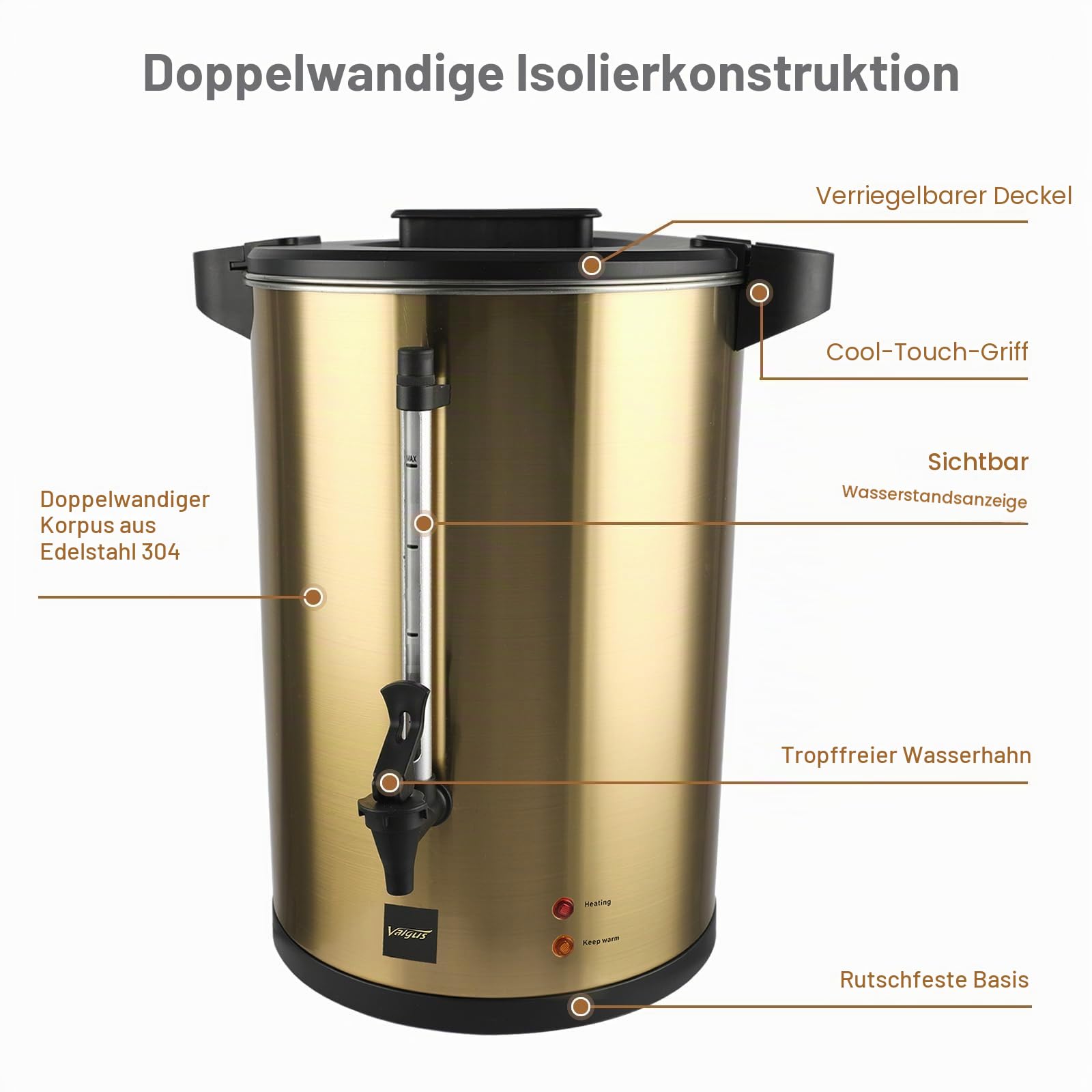 Valgus Kommerzielle Kaffee Urne 55 Tassen 8l Gold Doppelwandige Kommerzielle Edelstahl Kaffeemaschine mit professionellem Kaffeemaschine Wasser-Heizung für Catering Hochzeit Party