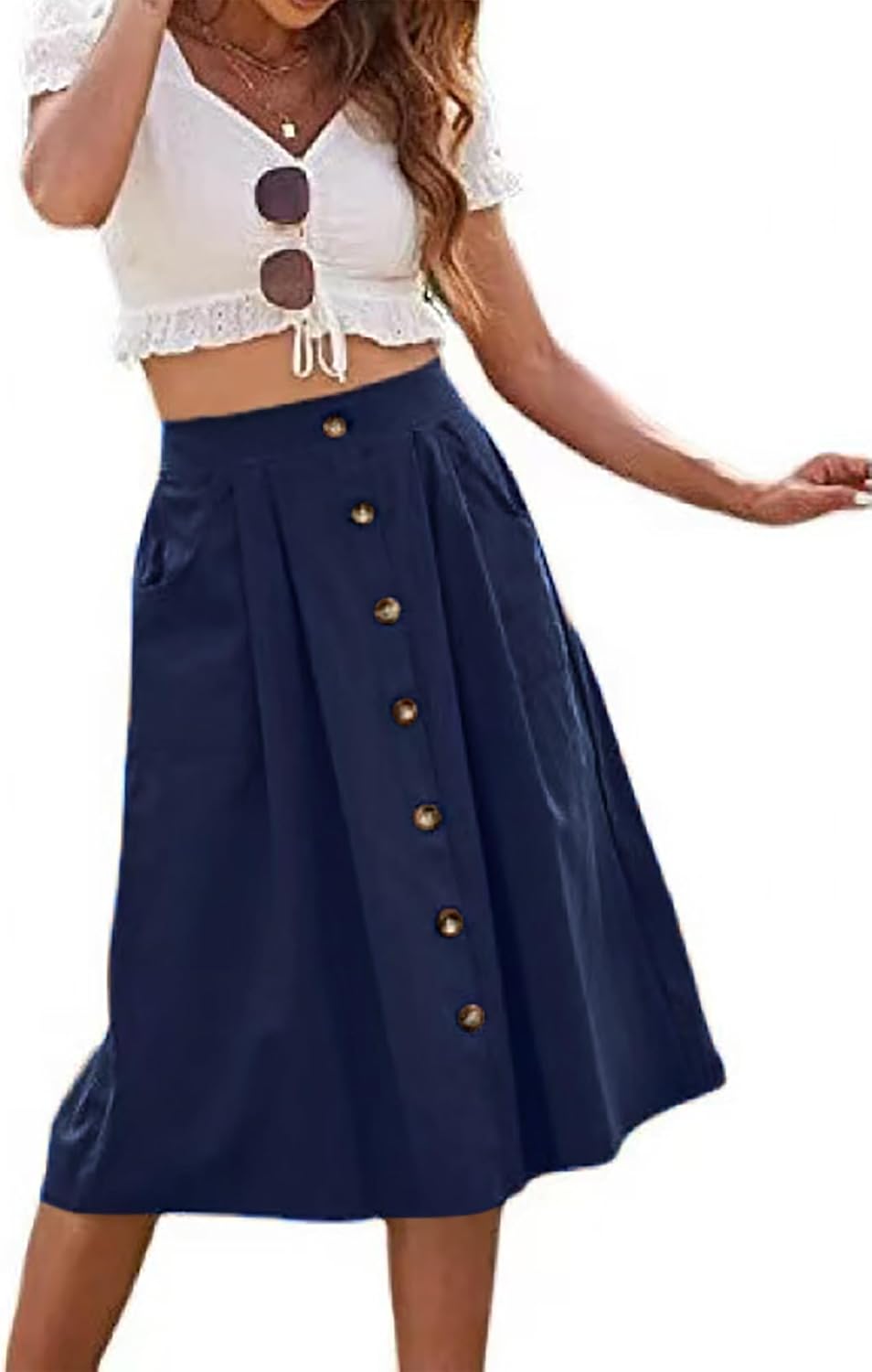 Midi Skirts for Womens High Elastic Waist Pleated A Line Midi Skirt Casual Button Front Flared Skirts with Pockets