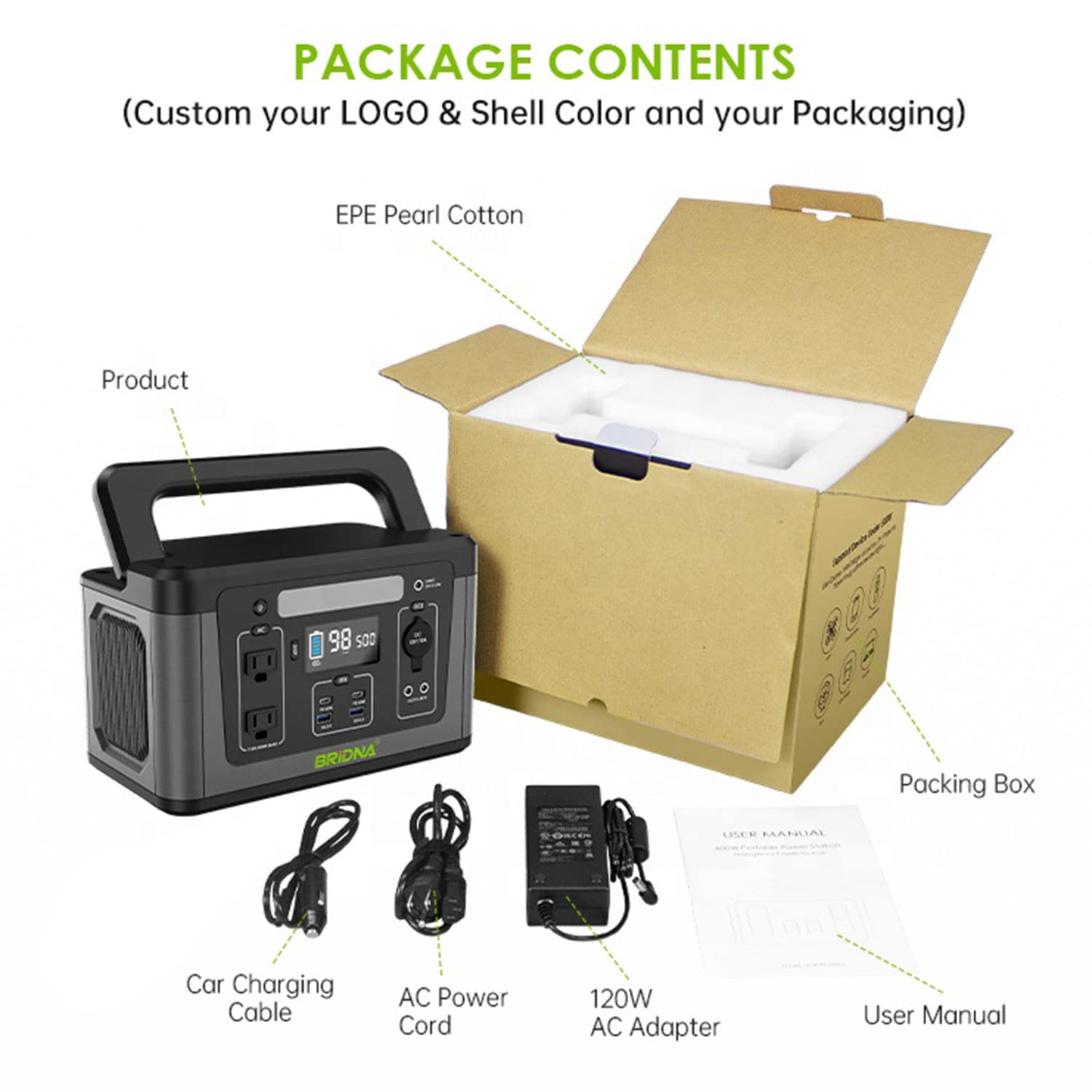 Station d'alimentation de secours portable, compatible avec PD Type-C 100 W, charge rapide QC 3.0, avec prise secteur 500 W, batterie lithium 560 Wh, pour camping, voyage, chasse, urgence, 110 V/60