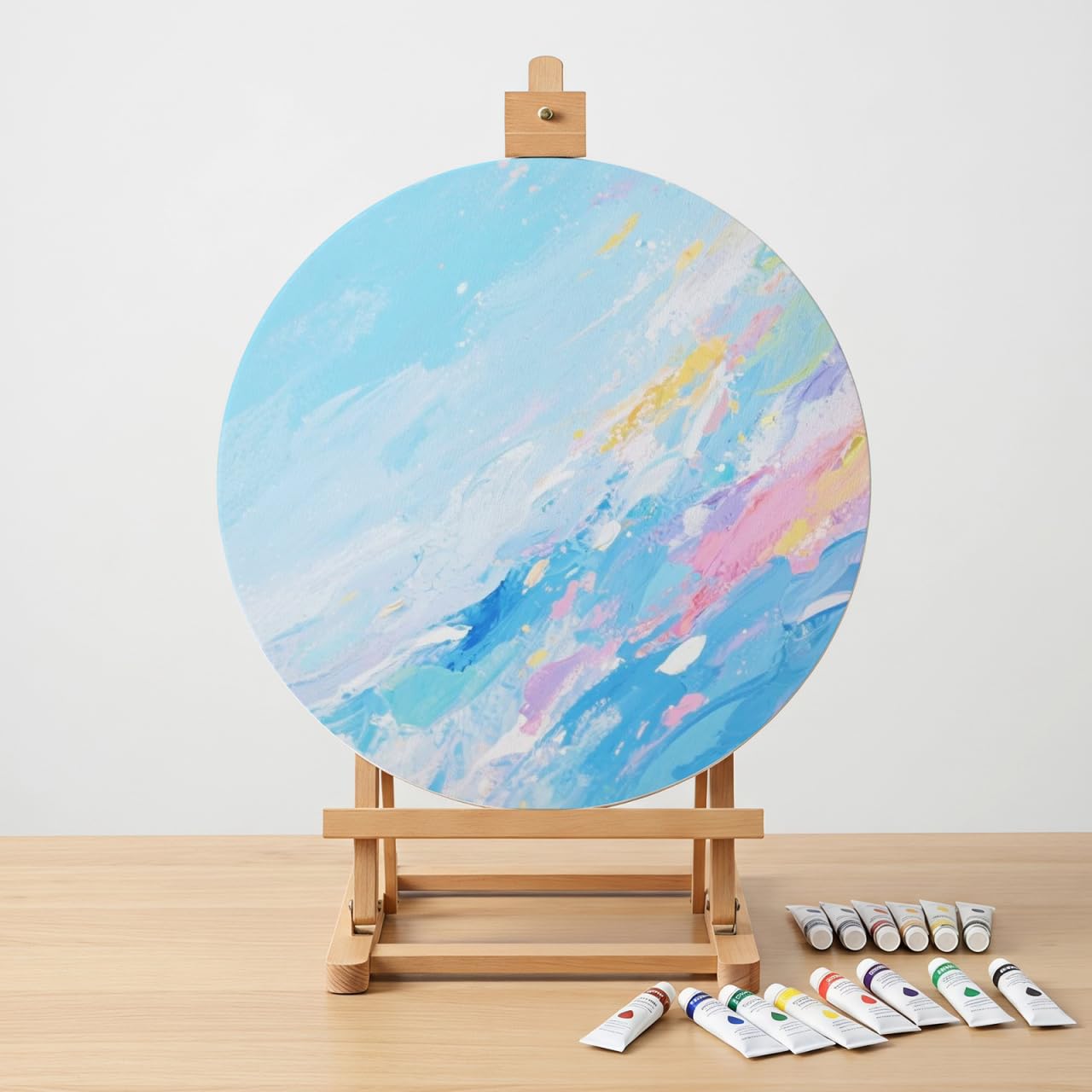 NUOBESTY Tela rotonda tesa da artista, 50 x 50 x 1,5 cm, cornice circolare spessa in legno, per pittura a olio, acrilico, guazzo e tempera, per disegno e decorazione creativa