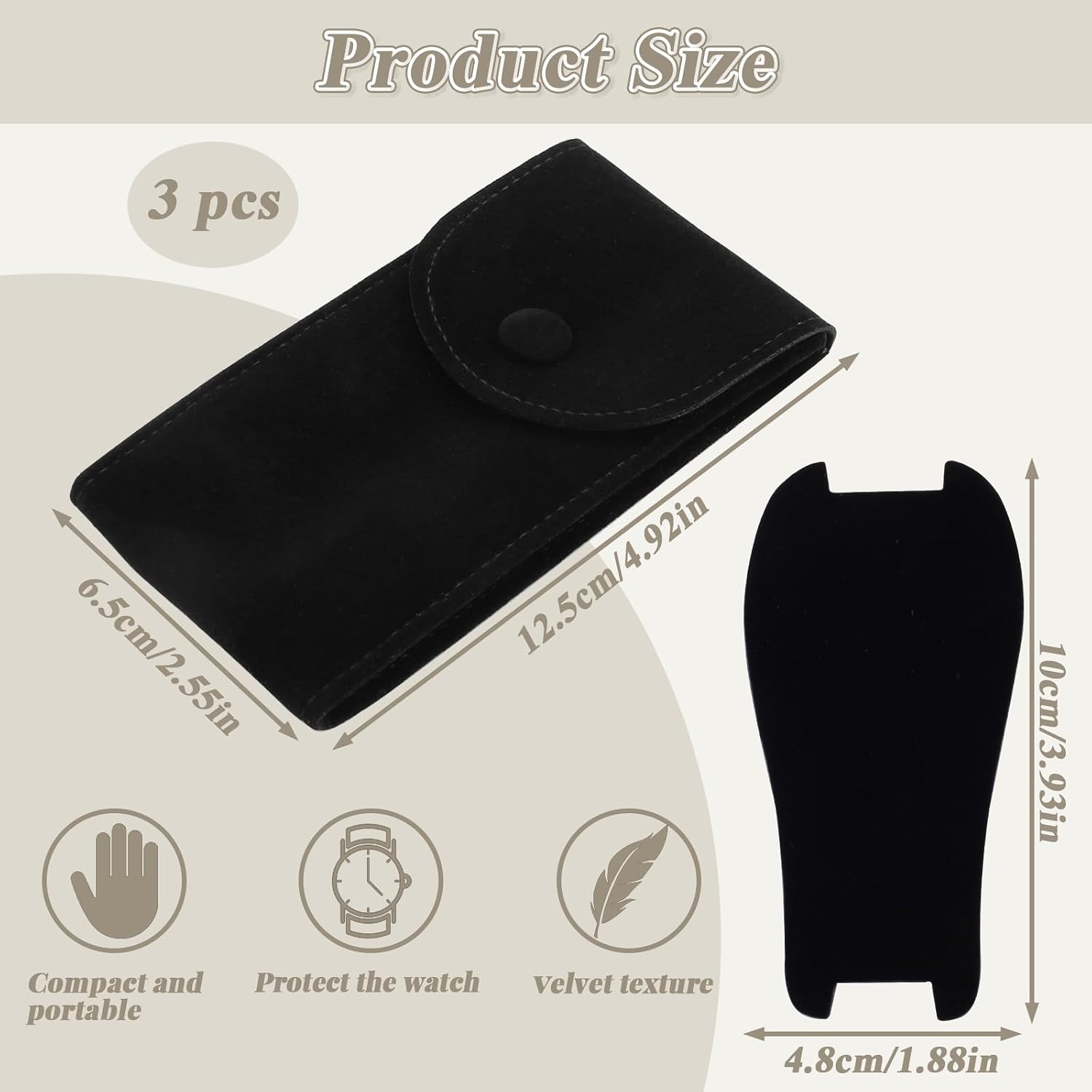 3 Pieces Travel Velvet Watch Pouch, 2.7" x 5.1" Single Watch Sleeve Storage Bag, Portable Velvet Pouch with Snap Button for Jewelry Rings Necklace Organizer Men Women (Black)