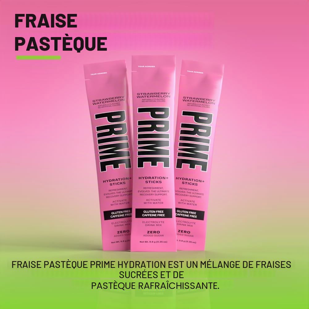 PRIME HYDRATION + Sticks Fraise Pastèque | Bâtonnets de poudre d'hydratation à portion unique | Poudre d'électrolyte en déplacement | Faible teneur en sucre | Sans caféine | Végétalien | 16 bâtonnets