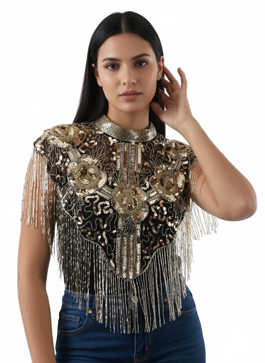 Liva Women's Sequin Embroidered Net Cape Shrug with Fringe Tassels, Gold Black Beaded Collar Neck Poncho-picture-15