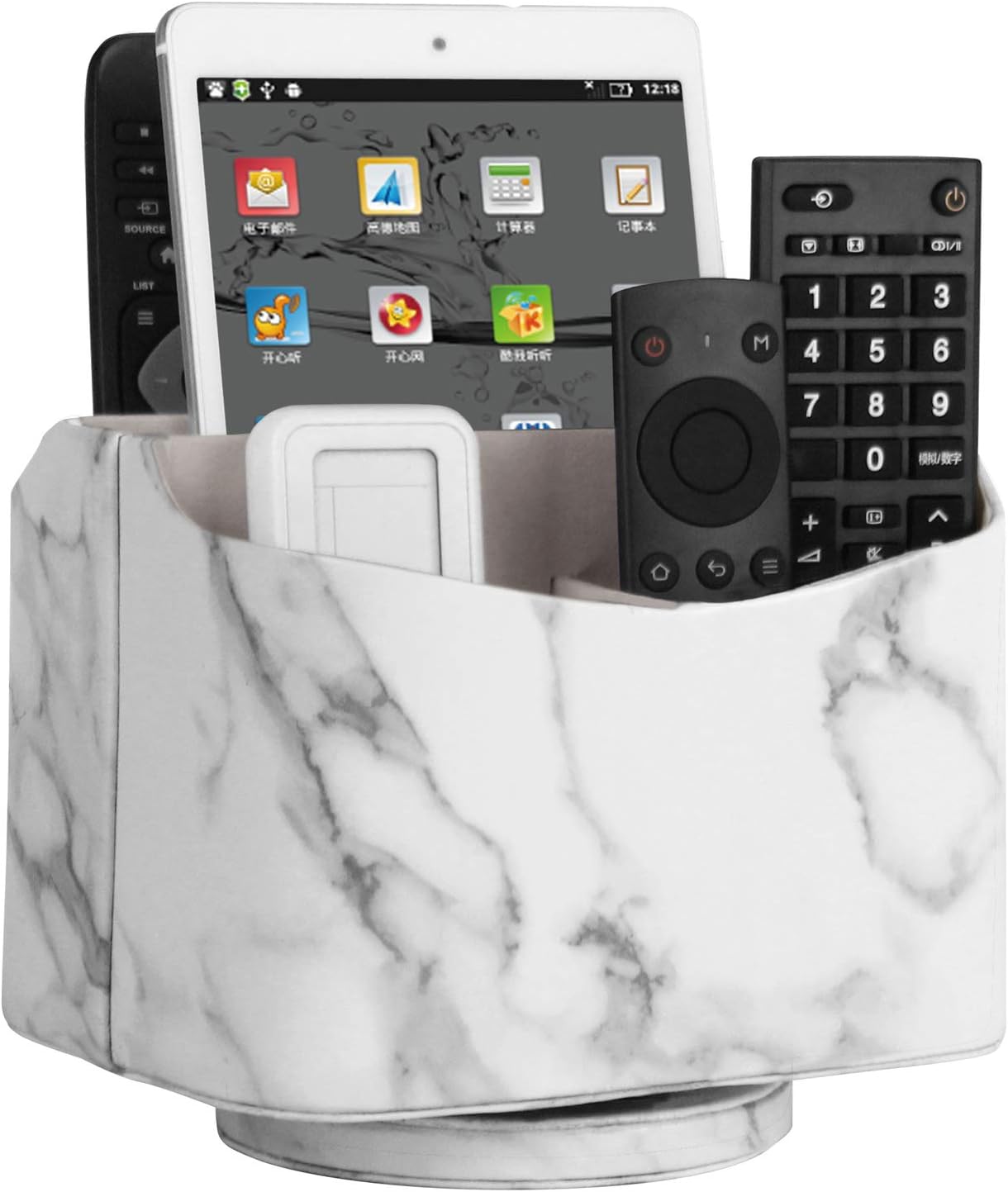 HofferRuffer Spinning Remote Control Holder, Remote Controller Holder, Remote Caddy, Media Storage Organizer, Spinning Remote Control Organizer, 7.3X 5.5 x 6 inches, Marble PU Leather