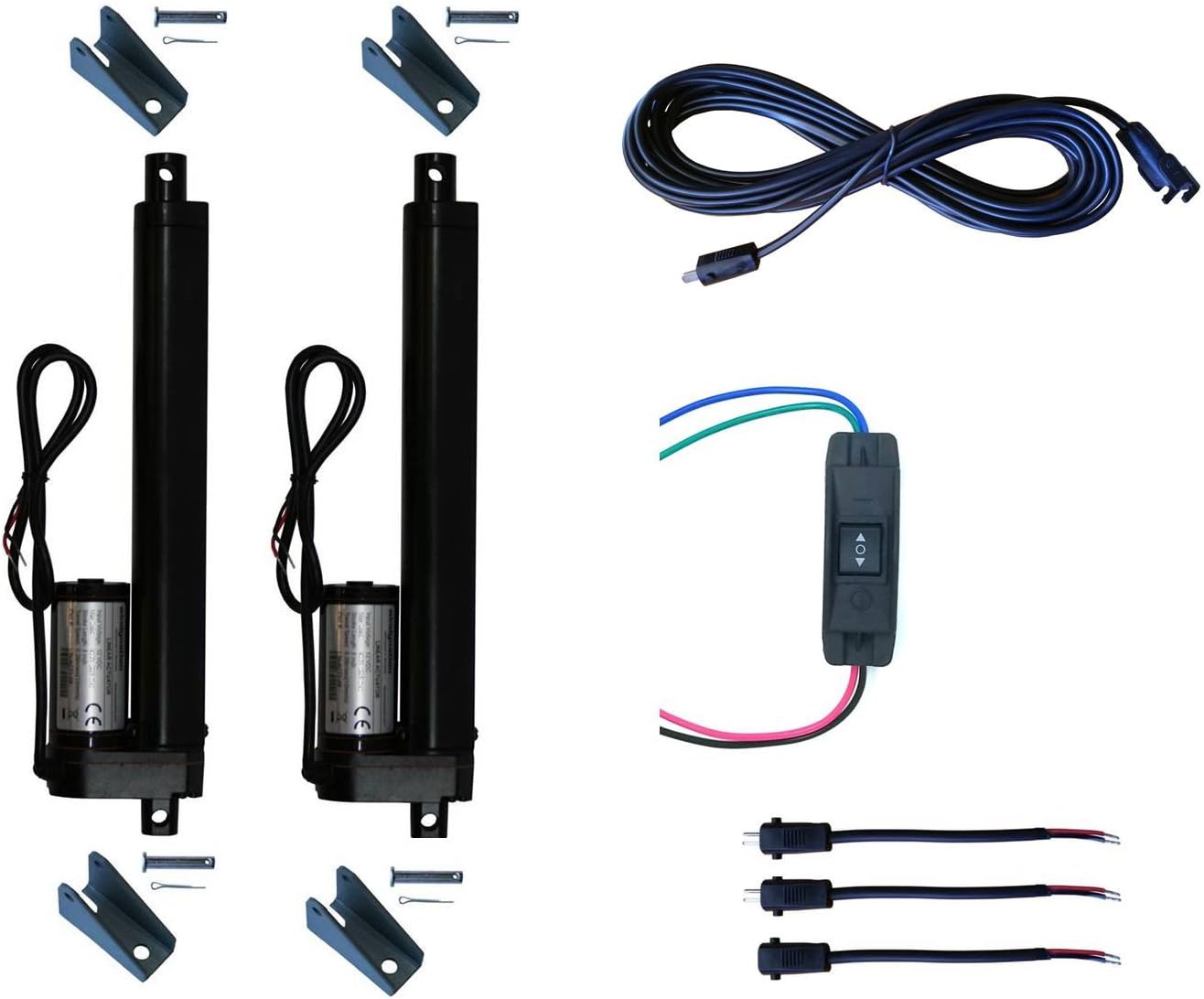WindyNation (2pcs) 12 Volt, 225 lbs Linear Actuators + Up Down DPDT Switch + Mounting Brackets + Connectors (Momentary or Maintained Up Down Switch) (8" Linear Actuator, Momentary Switch)