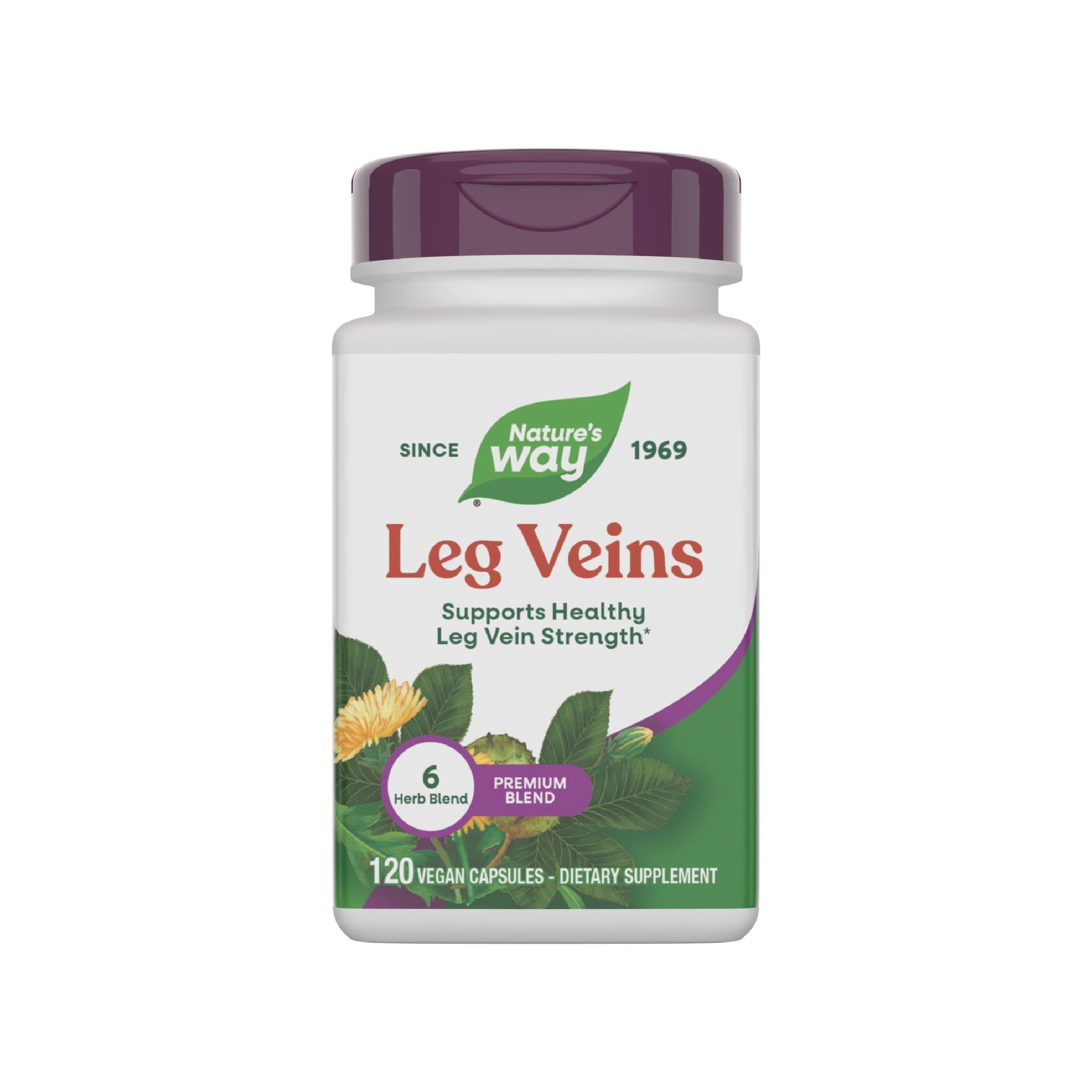 Nature's Way Leg Veins, Supports Healthy Leg Vein Strength, 6-Herb Blend, With Horse Chestnut Extract, Dandelion, Gluten Free, 120 Vegan Capsules (Packaging May Vary) - 1 Pack