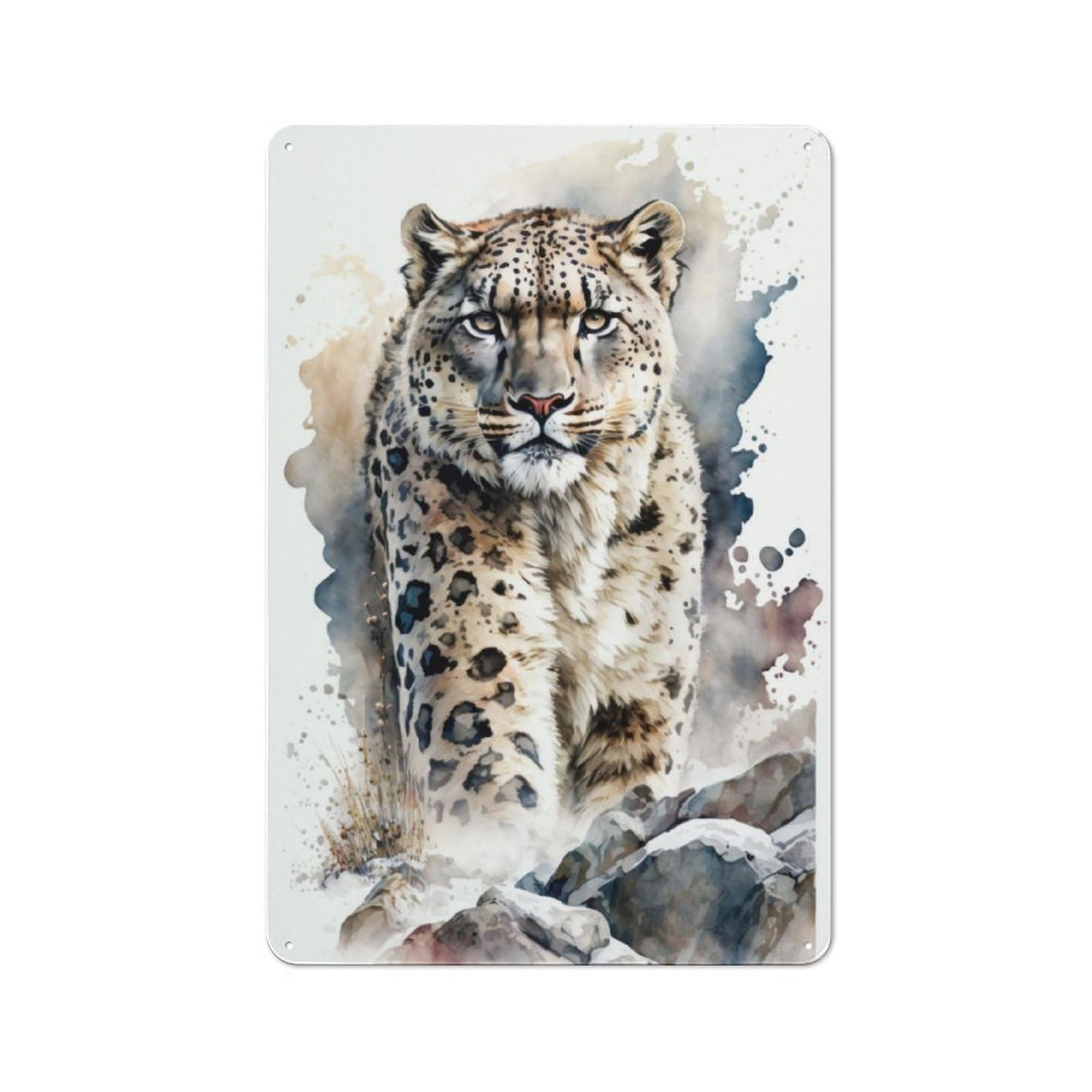 Junmoney Snow Leopard In Watercolor Retro Metal Wall Sign 30X20cm With For Home Bar Wall, A Housewarming Gift For Hosts Who Enjoy Retro Interiors