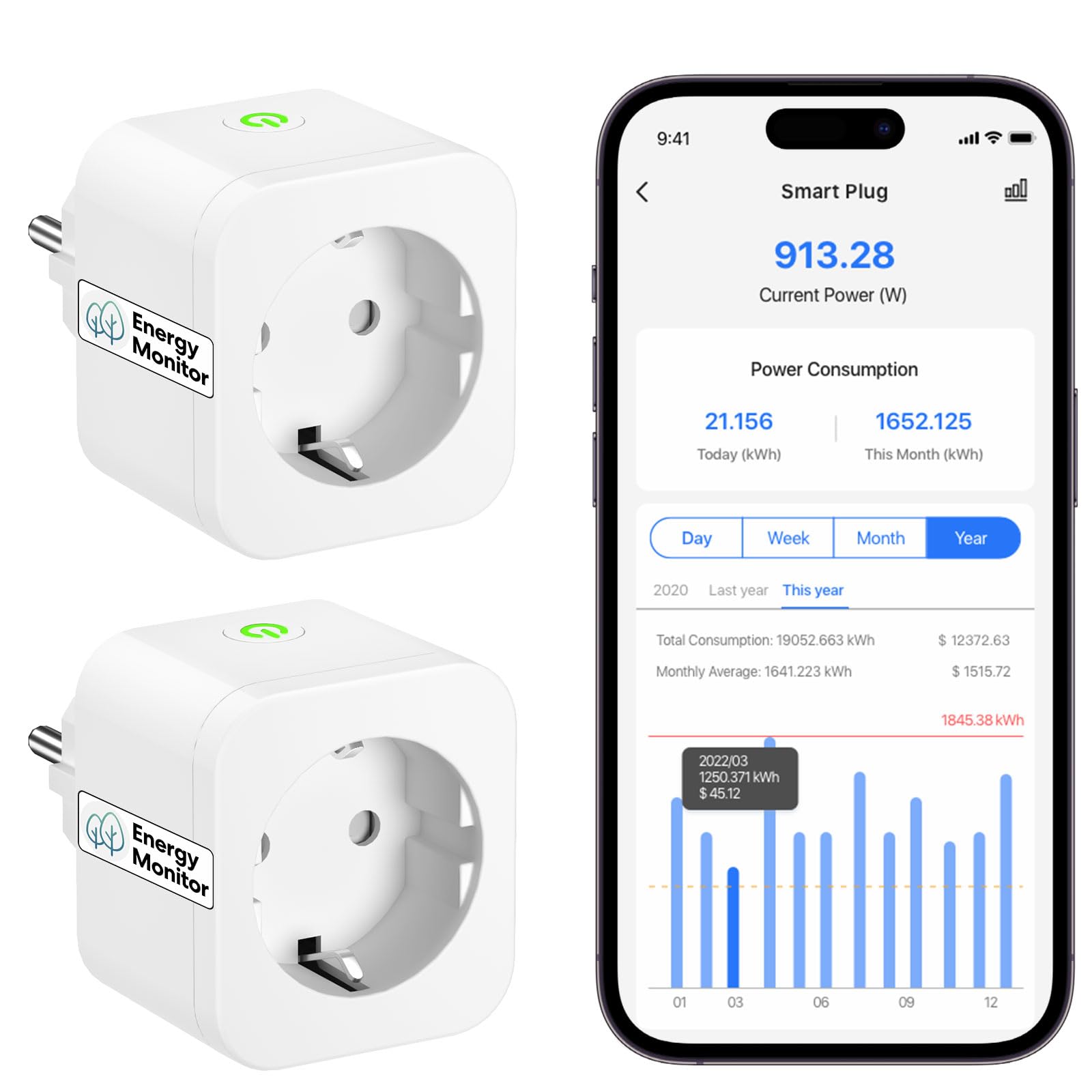 meross Meross 16A Enchufe Inteligente con Mide el Consumo, Bluetooth, Alexa con Control Remoto y Voz, Temporizador, WiFi, Compatible con Alexa, Google Home y SmartThings 2PCS