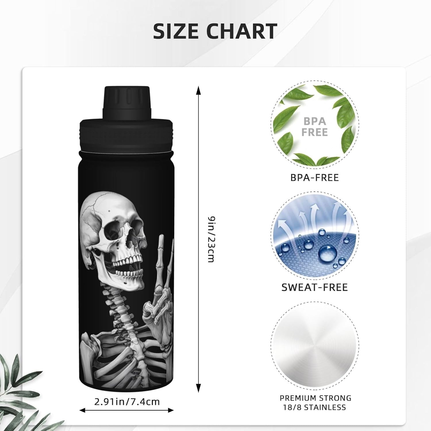 Sports Water Bottle Rock and Roll Skull Skeleton Insulated Stainless Steel Water Bottles, 18 oz Water Cup Flask for Fitness Outdoor Sports Gym Running