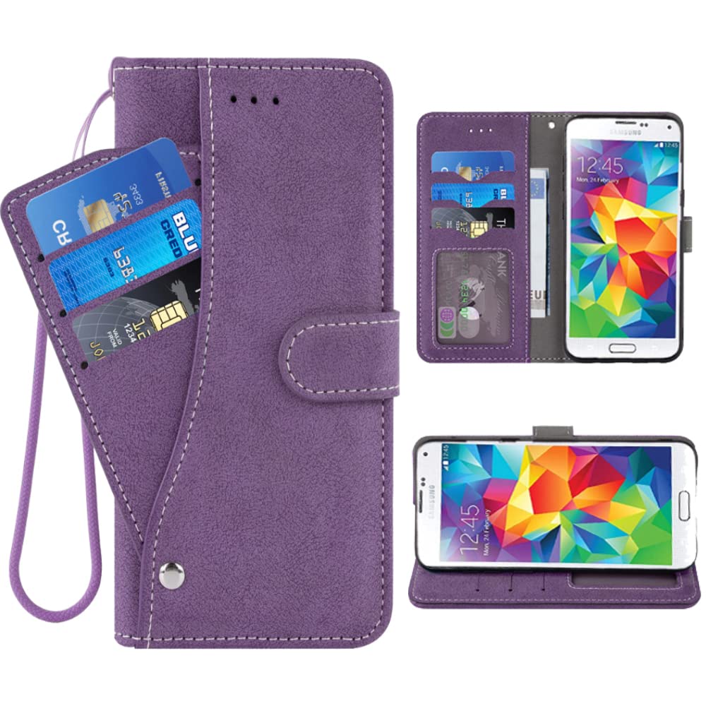ELISORLICompatible with Samsung Galaxy S5 Wallet Case and Wrist Strap Lanyard Leather Flip Card Holder Stand Cell Phone Cover for Glaxay S 5 Neo Gaxaly 5S Galaxies GS5 G900A G900T Women Men-Purple