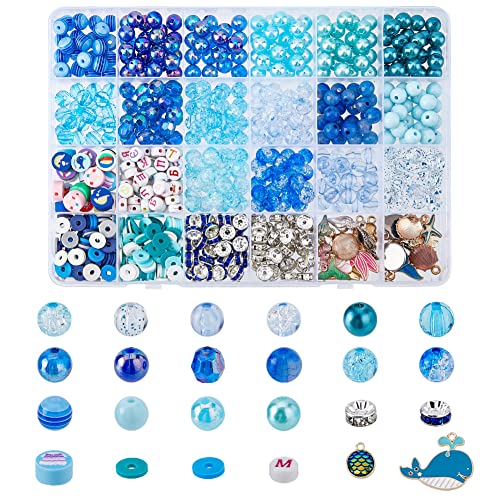 SUPERFINDINGS 819pcs Blue Jewelry Beads Including Round Glass, Polymer Clay Beads, Spacers, Ocean Style Enamel Charms