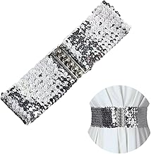 SamHeng Women Wide Sequin Belt Glitter Elastic Stretchy Waistband Cinch Belt Metal Buckle for 80s Costume Party Disco Party