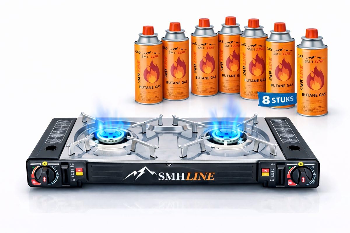 SMH LINE® Set di fornelli a gas doppio da campeggio, con 8 cartucce di gas da 227 g, per esterni, 2 fuochi GPL
