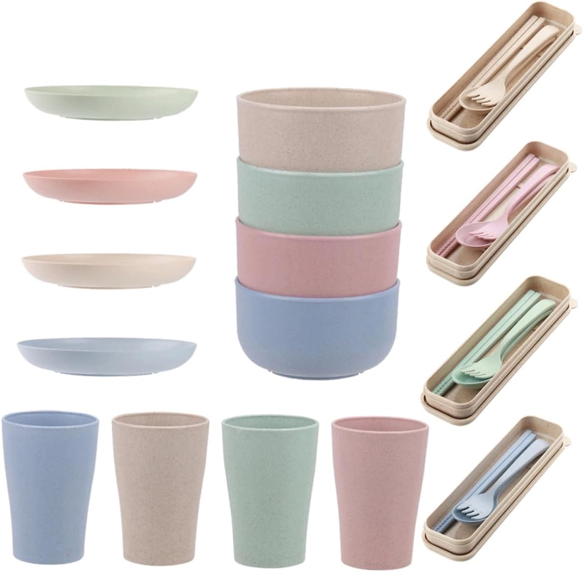 1 セット セット 携帯用小麦カトラリー プラスチック銀器セット 小麦わら銀器 キッズボウル 再利用可能な飲用カップ 小麦わらカップ