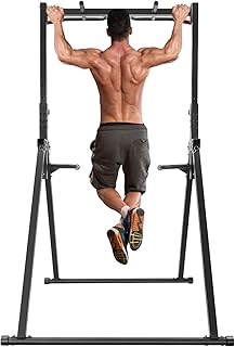 Foldable Power Tower Pull Up Bar Dip Station, 440LBS Capacity Adjustable Height Multifunction Workout Pull Up Tower Station Gym Strength Training Equipment, Triangular Legs, for Home Outdoor