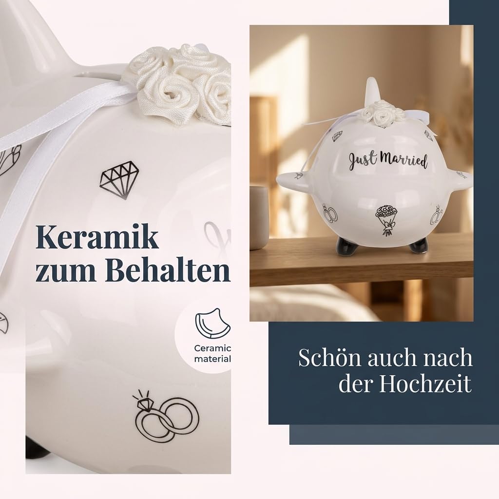 MIJOMA Salvadanaio per matrimonio a risparmio di matrimonio: salvadanaio originale con lucchetto, Just Married in ceramica, perfetto per coppie sposate e volpi (aereo nuziale)