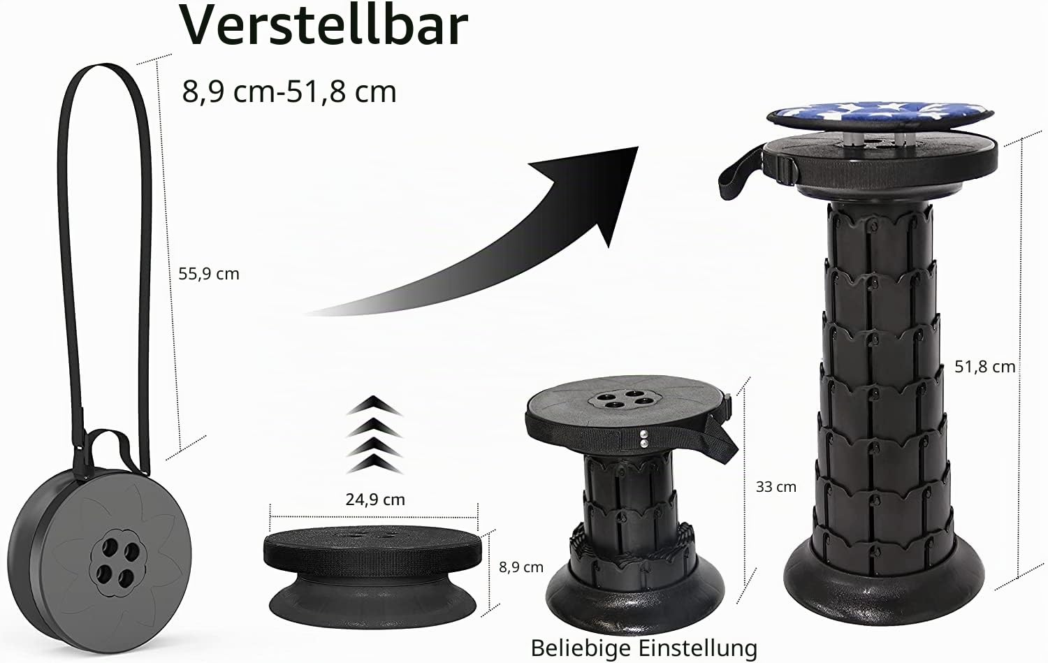 ALEVMOOM Tragbarer Klapphocker mit Kissen,Teleskophocker,Camping Hocker Zusammenklappbarer Hocker,für Draußen- und Drinnen-Aktivitäten, Wandern,Angeln,Tragfähigkeit 440lb mit Tasche Karabiner