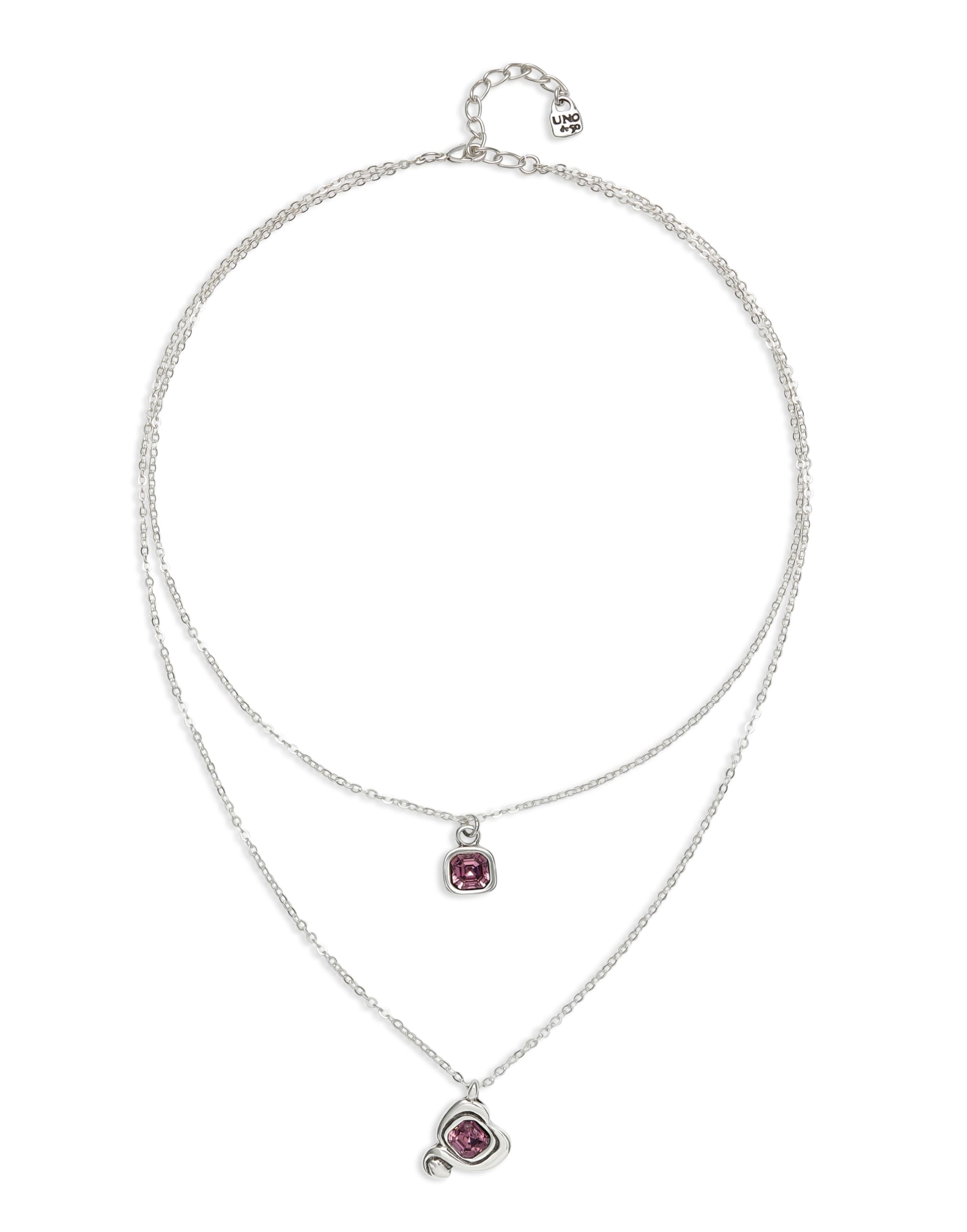 UNOde50 | Colgante De Aleacion De Metales | Bañado En Plata de Ley | Cadena Doble Y Corazon Con Cristal Rosa| Joya Artesanal | Hecho en España