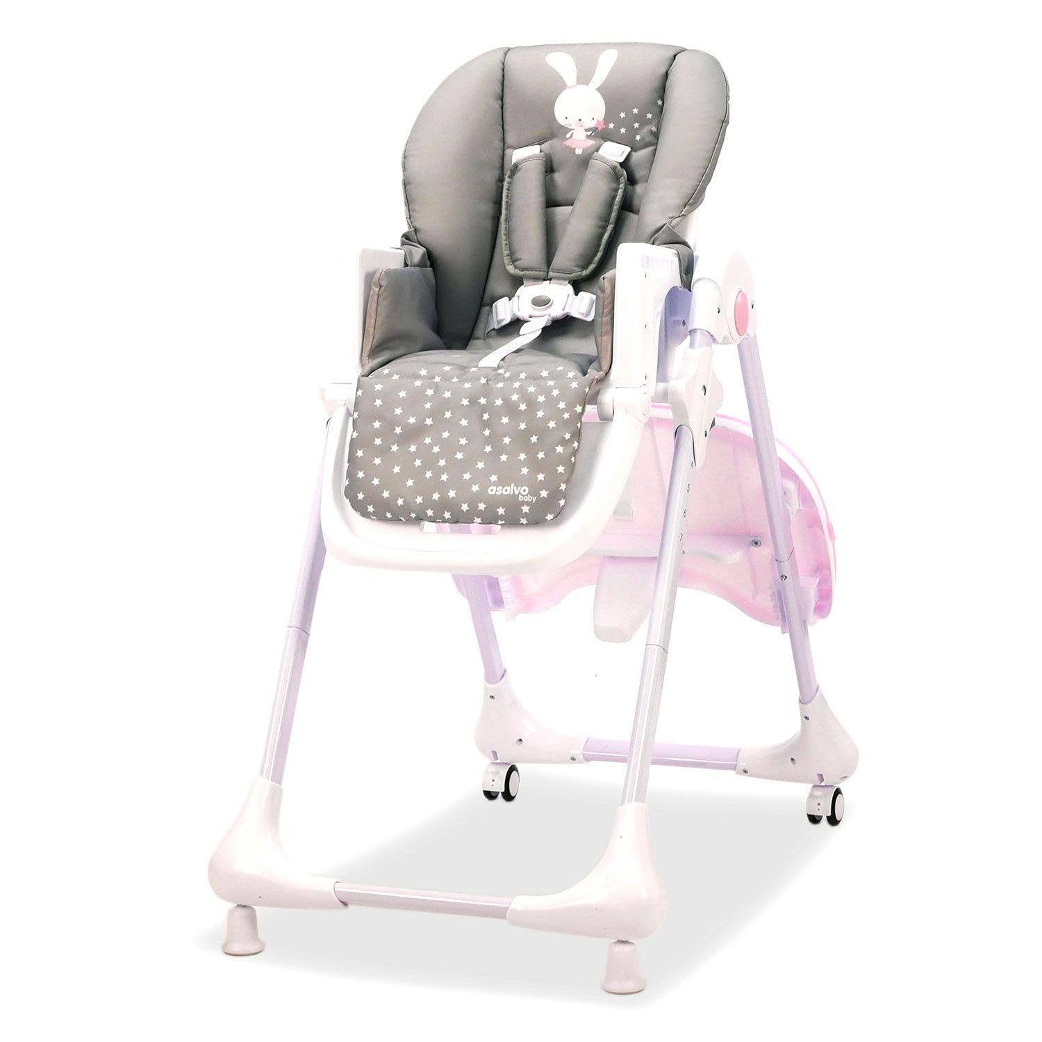 Trona CHEF con Ruedas para Bebé – Altura y Respaldo Reclinables, Bandeja Doble Extraíble, Arnés 5 Puntos, Plegado Compacto, Textil Lavable – Conejito Rosa Asalvo