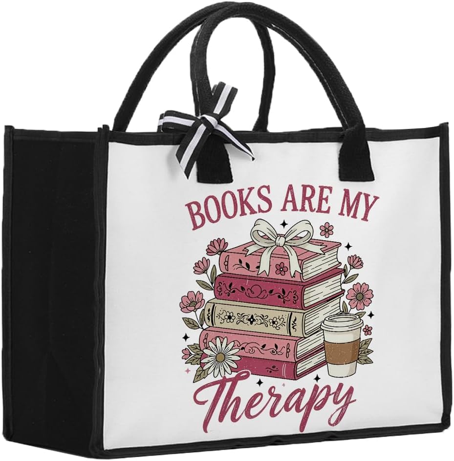 Bookish Gifts for Book Lovers Pink Daisy Book Tote Bag Christmas Woman's Birthday Gift for Women Librarian Readers -Books Are My Therapy